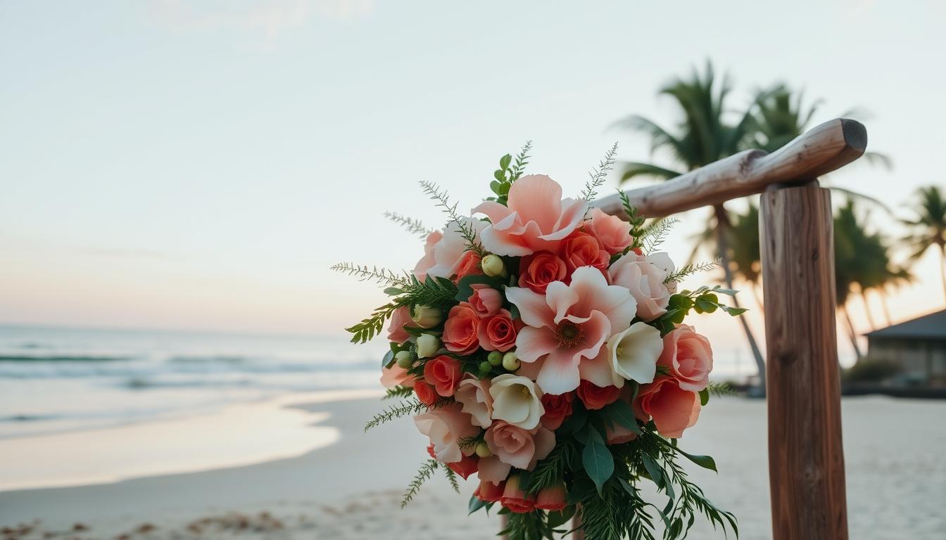 A serene coastal wedding scene, with a soft, romantic ambiance. In the foreground, a lush, vibrant floral arrangement in shades of blush, coral, and soft green adorns a wooden arch, its petals gently swaying in the ocean breeze. The middle ground features a sandy beach with gently lapping waves, the water reflecting the warm, golden sunset. In the background, a cluster of palm trees sway, creating a picturesque silhouette against a pastel sky. The lighting is soft and diffused, creating a dreamy, ethereal atmosphere, capturing the essence of the perfect beach wedding color palette.