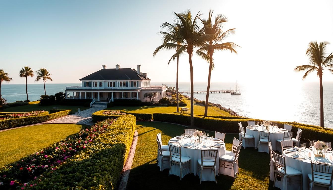 A serene, oceanfront estate in the Hamptons, bathed in warm, golden sunlight. The stately manor house stands majestically, its elegant architecture reflecting in the still, azure waters of the private cove. Lush, manicured gardens surround the venue, with rows of fragrant flowers and manicured hedges framing the ceremony space. Crisp, white linens adorn the tables set for an al fresco reception, overlooking the glistening, horizon-stretching ocean. Soft, diffused lighting casts a romantic glow, as a gentle breeze rustles the swaying palms. This idyllic, luxury setting presents the perfect canvas for a breathtaking, coastal wedding.