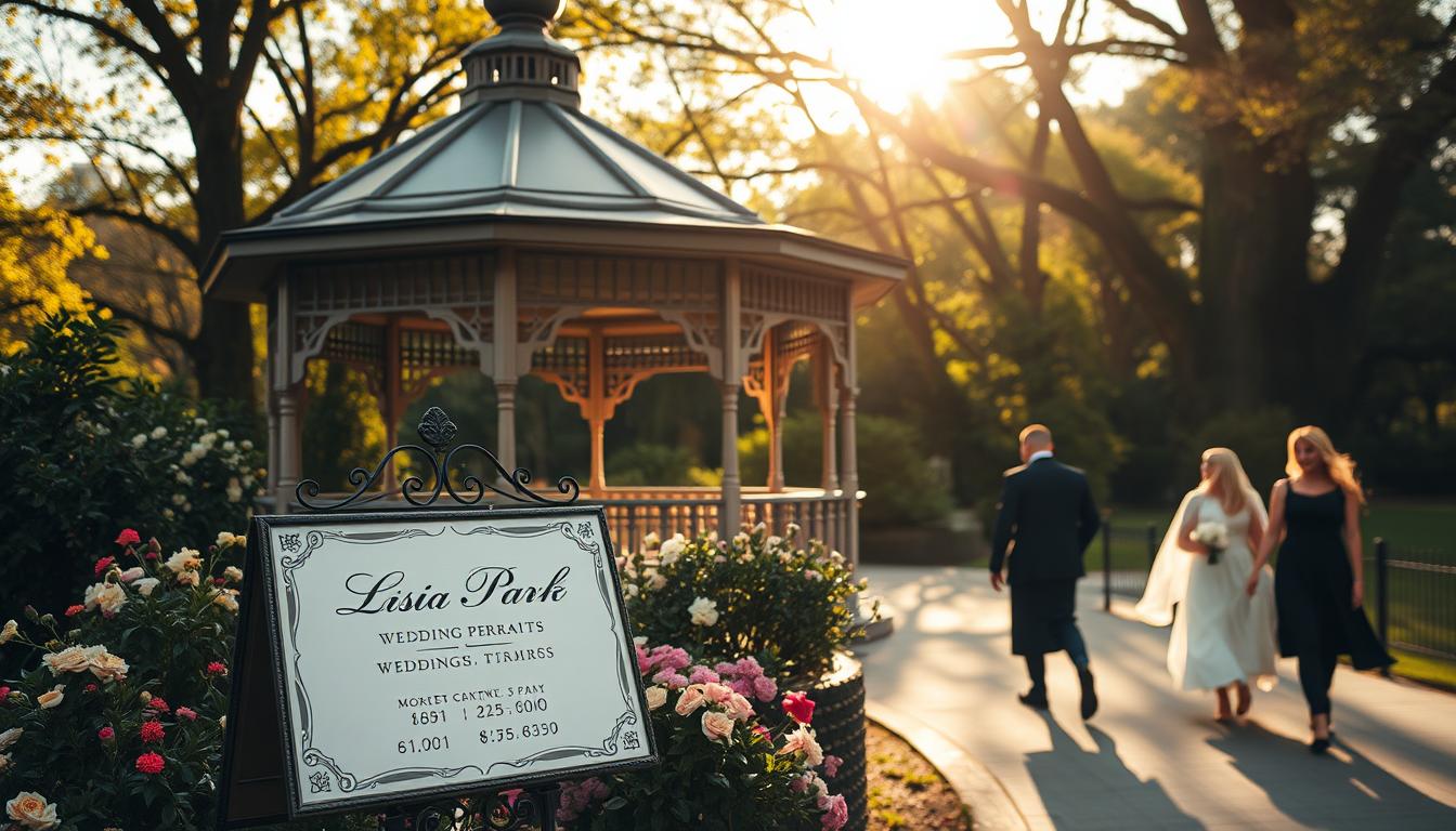 A serene outdoor scene of a picturesque wedding gazebo in Central Park, New York. The ornate structure is surrounded by lush greenery and blooming flowers, bathed in warm, golden sunlight filtering through the trees. In the foreground, a signage displays the wedding permit rates, its elegant calligraphy capturing the refined ambiance. Couples stroll nearby, admiring the tranquil setting as they consider their options for an unforgettable ceremony. The overall atmosphere conveys the beauty, romance, and cost-conscious planning involved in securing a coveted location for a Central Park wedding.