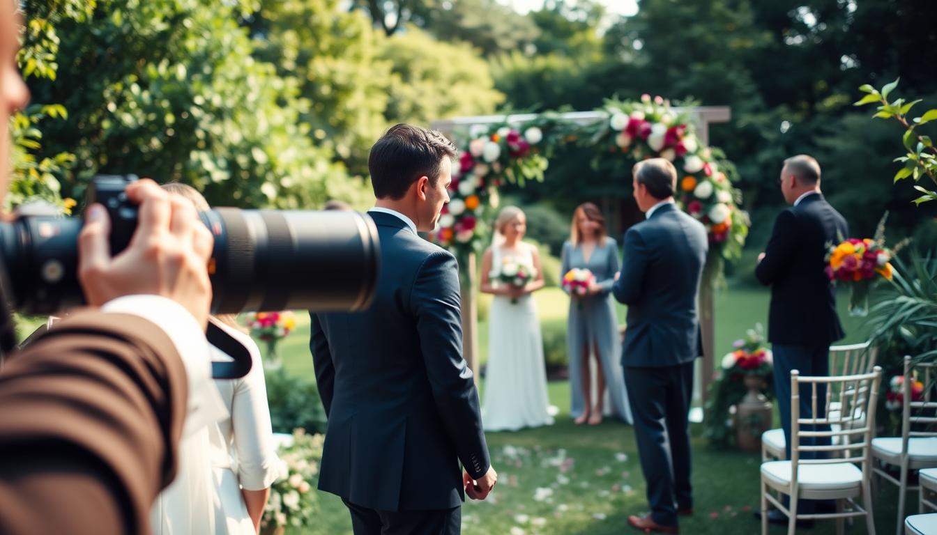 A serene outdoor wedding in a lush Rhode Island garden, with a team of talented vendors capturing the special day. In the foreground, a photographer with a long lens frames the newlyweds in a warm, natural light. In the middle ground, a videographer films the ceremony with a cinematic flair. In the background, a floral designer's vibrant bouquets adorn the ceremony space, creating a romantic, atmospheric setting. The overall mood is one of joy, elegance, and timeless beauty, reflecting the care and expertise of the vendors.