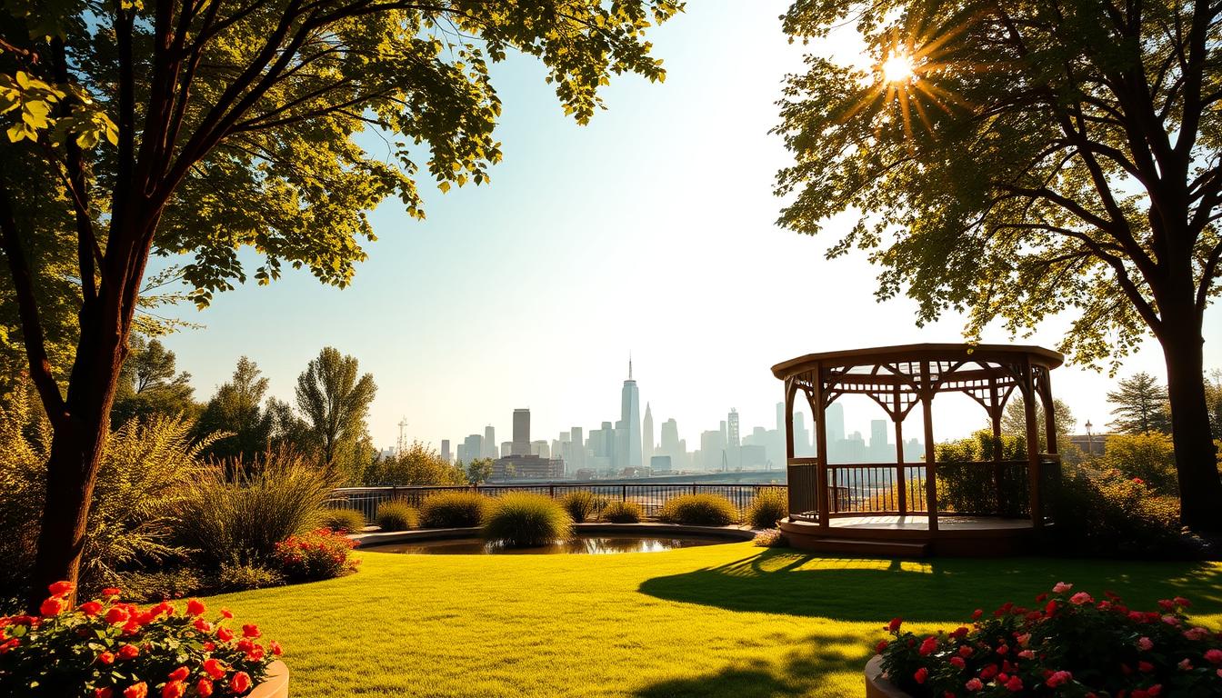 A serene outdoor wedding venue in New York City, with lush greenery, a tranquil pond, and a rustic gazebo as the focal point. The scene is bathed in warm, golden natural lighting, creating a cozy and inviting atmosphere. In the foreground, a well-manicured lawn and flower beds add vibrant pops of color, while the background features a picturesque skyline of the city's iconic skyscrapers. The venue appears modest and budget-friendly, yet exudes an elegant and romantic ambiance, perfect for a memorable and affordable wedding celebration.