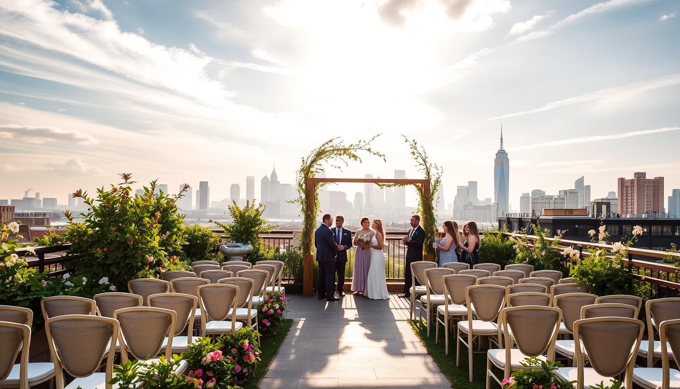 A serene rooftop garden in Brooklyn, overlooking the iconic Manhattan skyline. Lush greenery and blooming flowers create a natural, intimate setting, bathed in warm, golden sunlight that filters through wispy clouds. Elegant white chairs are arranged in neat rows, facing a simple, wooden arch draped with delicate vines. Guests mingle, drinks in hand, as the gentle breeze carries the sound of laughter and celebration. This idyllic scene evokes a sense of tranquility and romance, the perfect backdrop for a sky-high wedding celebration.