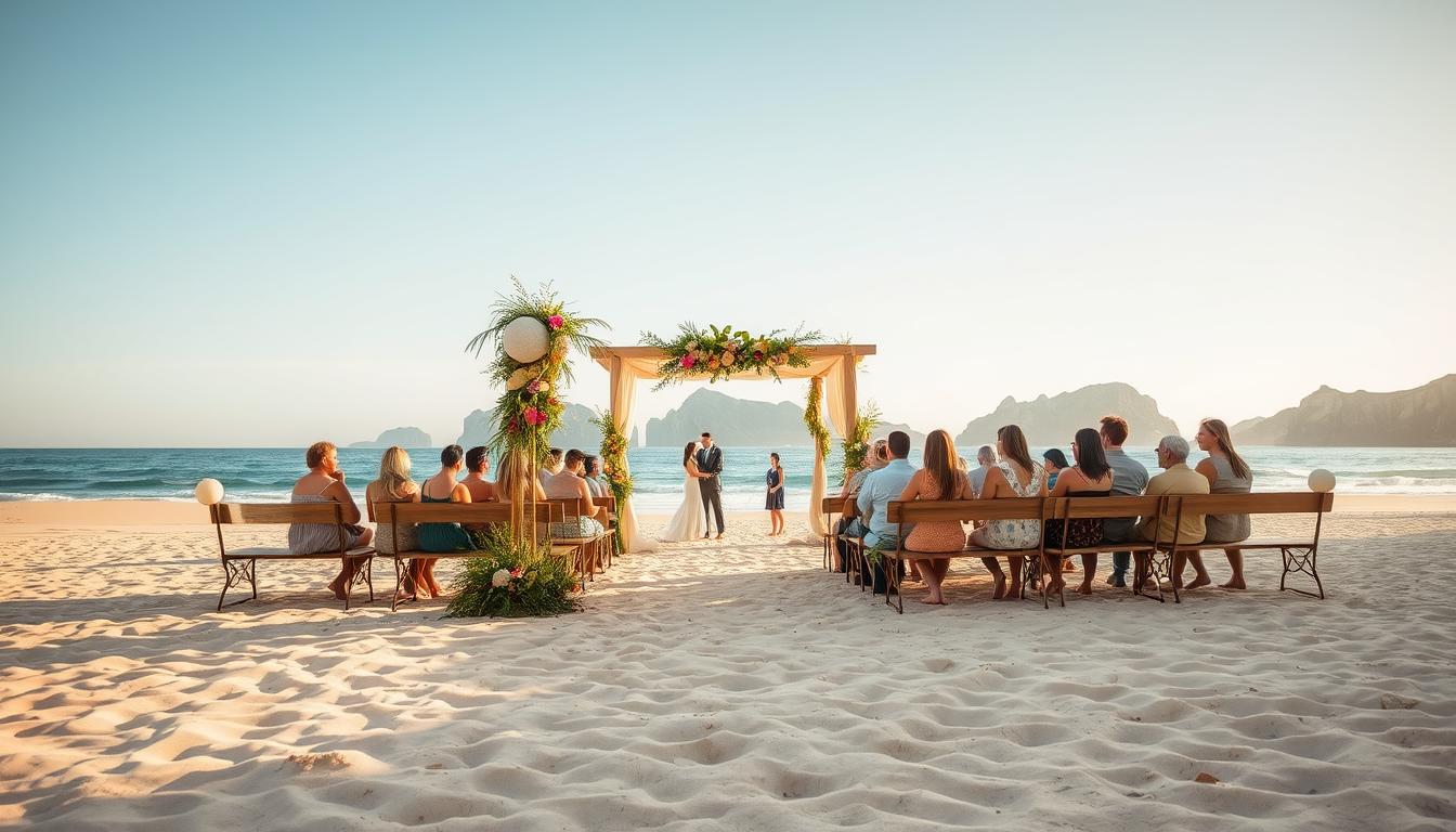 A serene, sun-drenched beach with soft, golden sand and gently lapping waves. In the foreground, a beautifully decorated arch adorned with lush, tropical florals and greenery, casting a warm, inviting glow. Behind it, a middle ground of barefoot guests seated on wooden benches, their attire effortlessly chic in neutral, bohemian tones. In the distance, a stunning backdrop of rugged cliffs and a clear, azure sky, creating a picturesque, dream-like setting for a magical beach wedding.