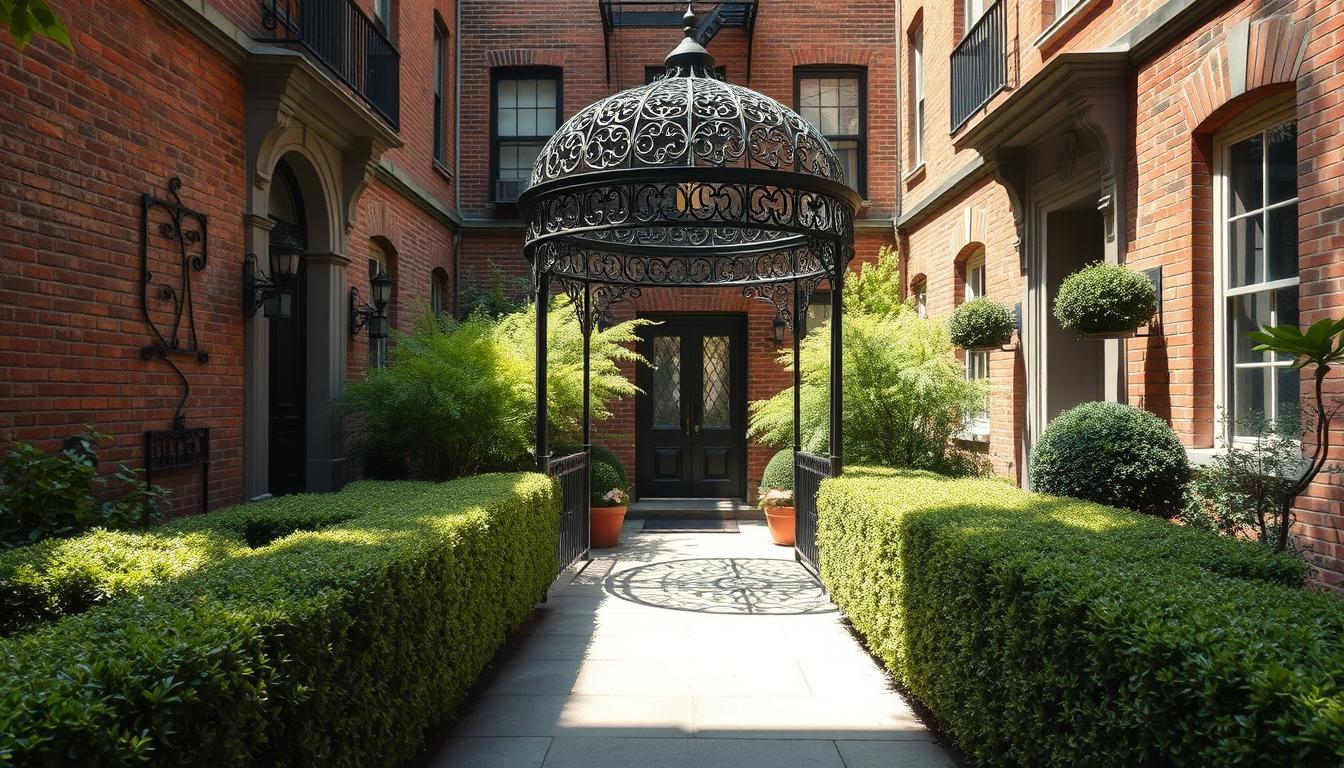 A serene, sun-drenched garden courtyard of an elegant, historic New York City townhouse. Meticulously manicured hedges and potted plants frame the scene, creating a tranquil, intimate atmosphere. A classic wrought-iron gazebo stands in the middle, its intricate latticework casting delicate shadows on the flagstone walkway. The venue's weathered brick facade and ornate entryway convey a sense of timeless charm and refined sophistication, perfect for a sophisticated, economical wedding celebration. A wide-angle lens captures the full scope of the picturesque setting, highlighting the versatility and allure of this hidden urban oasis.