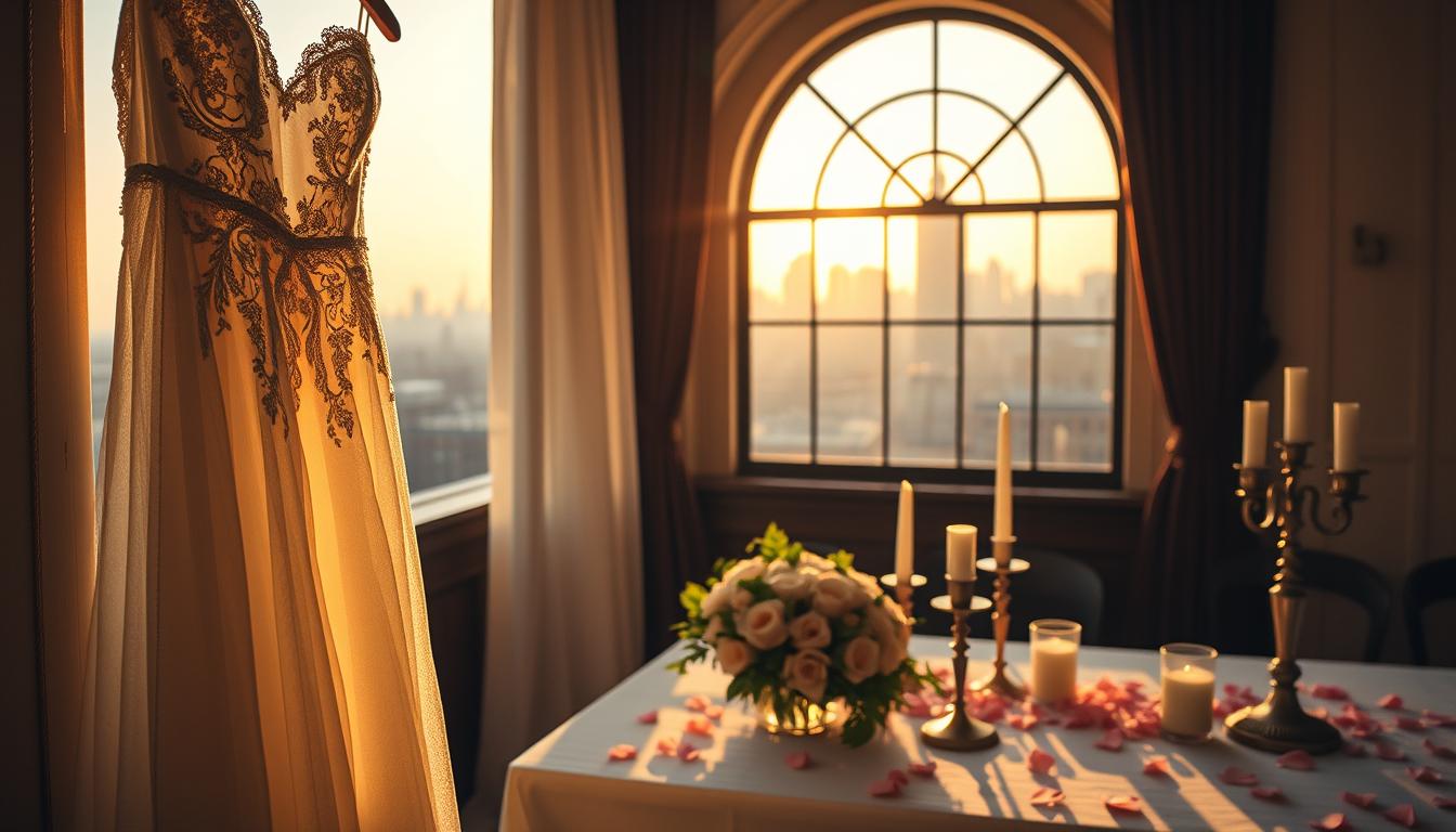 A serene, sunlit NYC wedding ceremony planning scene. In the foreground, a delicate white wedding dress hangs gracefully, its intricate lace details shimmering. In the middle ground, a thoughtfully arranged tablescape showcases an elegant bouquet, vintage candle holders, and scattered rose petals. Through an arched window, the iconic skyline of Manhattan glimmers in the distance, bathed in the warm glow of a golden hour sunset. The atmosphere is one of tranquil anticipation, with a touch of old-world charm. The image is captured with a soft, romantic lens, emphasizing the delicate textures and muted tones that evoke the thoughtful preparation of a NYC wedding ceremony.