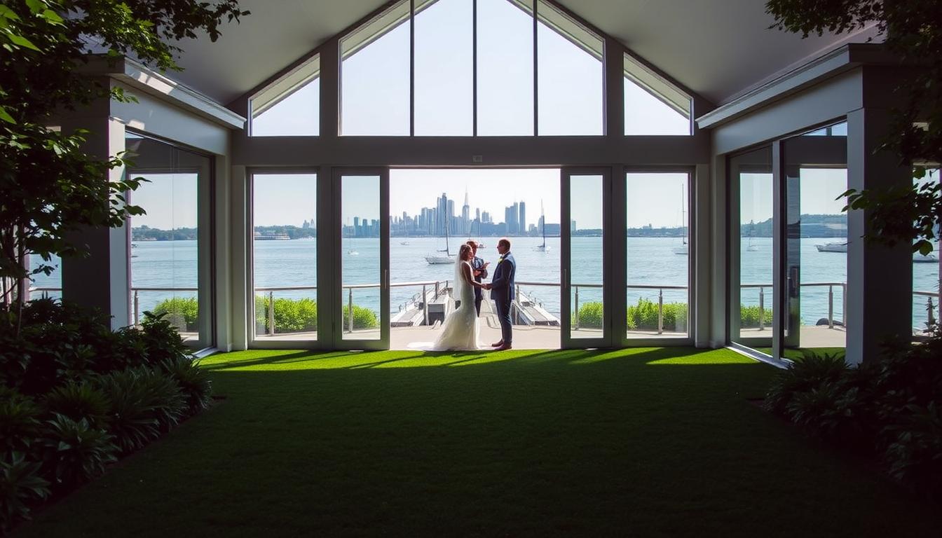 A serene waterfront wedding venue on Staten Island, with a picturesque backdrop of the New York Harbor. The elegant, modern structure stands amidst lush greenery, flanked by a sprawling lawn leading to a private dock. Soft, natural lighting filters through the floor-to-ceiling windows, creating a warm, inviting ambiance. Couples can exchange vows against the stunning panoramic view of the Manhattan skyline in the distance, as sailboats gently glide across the tranquil waters. This serene and scenic location offers a unique, tranquil escape from the bustling city, perfect for an intimate, romantic celebration.