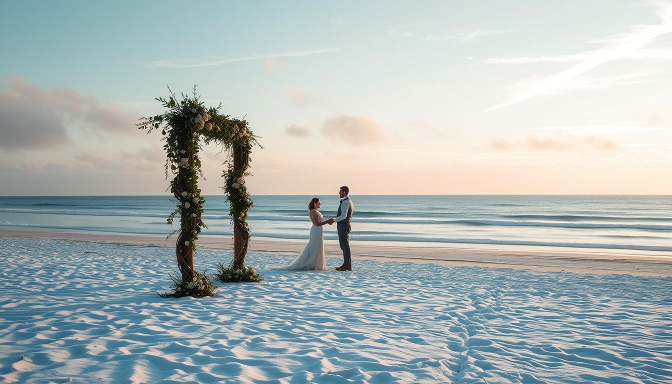 A serene winter beach scene, the sand blanketed in a soft layer of snow. In the foreground, a beautifully decorated wedding arch stands tall, adorned with lush greenery, delicate white flowers, and twinkling fairy lights. The bride and groom, dressed in elegant attire, exchange vows under the open sky, surrounded by their closest loved ones. In the middle ground, the vast ocean stretches out, its gentle waves lapping at the shore. The horizon is tinged with a warm, golden glow, casting a soft, romantic light over the entire scene. Wispy clouds drift overhead, adding to the peaceful, ethereal atmosphere. This tranquil winter beach wedding captures the beauty and tranquility of the season, creating an unforgettable and magical experience.