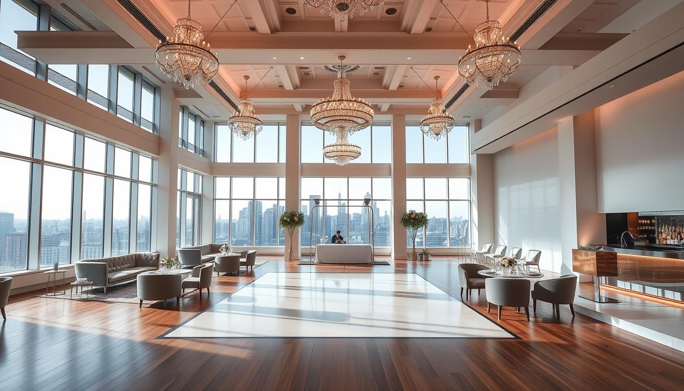 A sleek and modern wedding venue in Manhattan, featuring floor-to-ceiling windows overlooking the iconic city skyline. Pristine white walls and gleaming hardwood floors create a sophisticated backdrop, accentuated by elegant chandeliers and minimalist decor. A large central dance floor is surrounded by chic lounge seating areas, while a polished bar stands ready to serve bespoke cocktails. Warm, directional lighting casts a soft, romantic glow, complementing the stylish, contemporary ambiance. Couples and their guests mingle amidst this serene, urban oasis, capturing the essence of a truly exclusive Manhattan wedding experience.