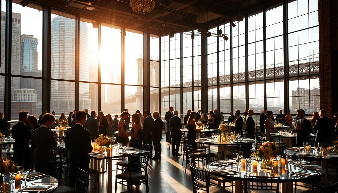 A sleek, modern Brooklyn wedding venue set against a backdrop of towering skyscrapers and the iconic Brooklyn Bridge. The venue features an expansive, loft-style interior with floor-to-ceiling windows, exposed brick walls, and chic industrial-style lighting. Elegant tables are adorned with minimalist floral centerpieces, casting a warm, romantic glow. Guests mingle in the airy, open-concept space, their silhouettes captured in the dramatic, low-angled lighting. A warm, golden hour sun filters through the windows, casting a soft, ethereal haze over the scene. The overall atmosphere is one of sophisticated, urban elegance - a perfect setting for a stylish, contemporary wedding celebration.