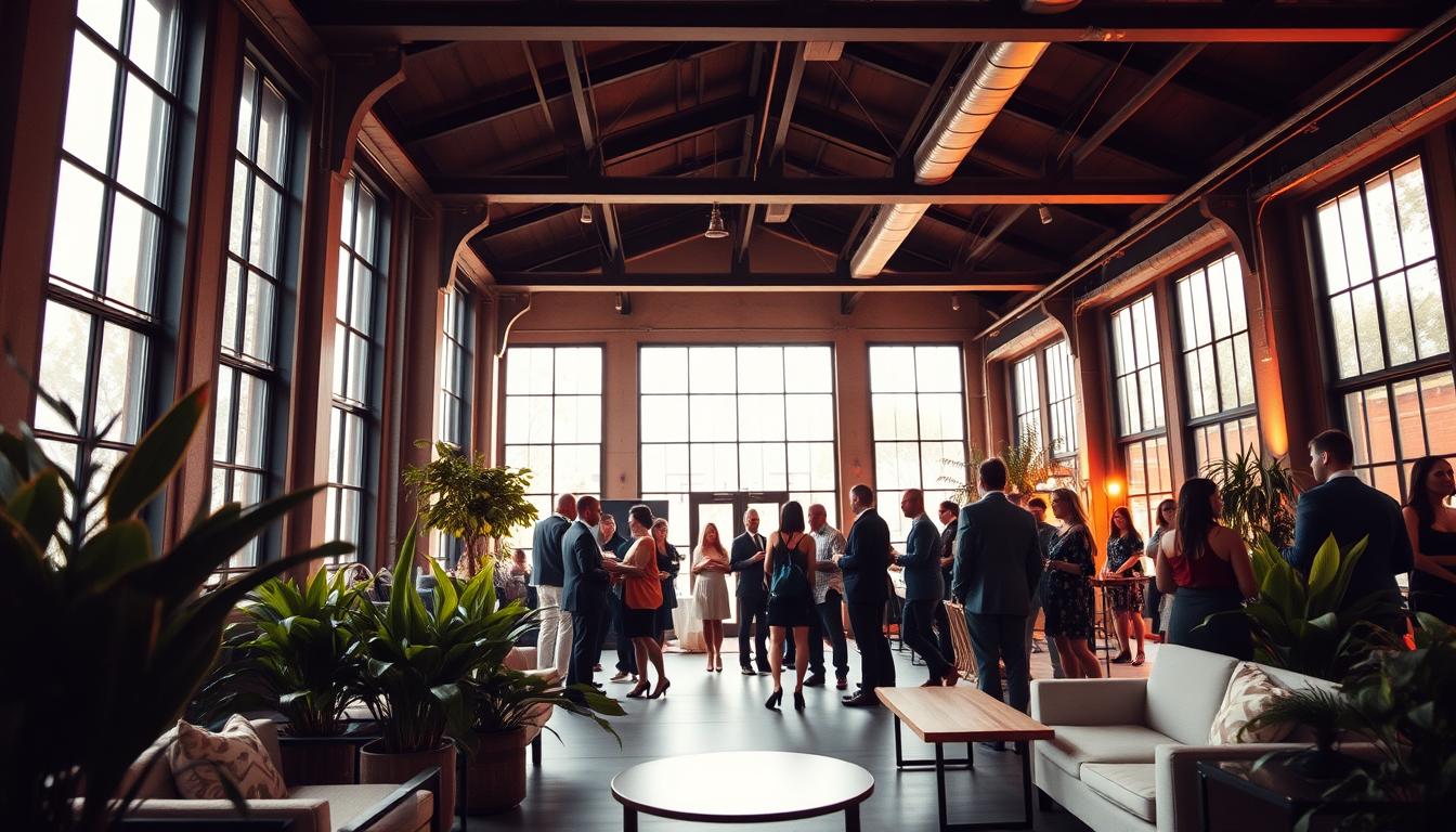A sleek, modern event space with large windows that let in abundant natural light, creating a warm, inviting atmosphere. A mix of minimalist furniture and lush, verdant plants in the foreground, with a striking architectural backdrop of exposed beams and high ceilings. The middle ground features a group of stylishly dressed guests mingling and conversing, their laughter and conversation adding to the energetic yet refined ambiance. Warm, soft lighting casts a gentle glow over the scene, highlighting the unique character and creative charm of this distinctive event venue.
