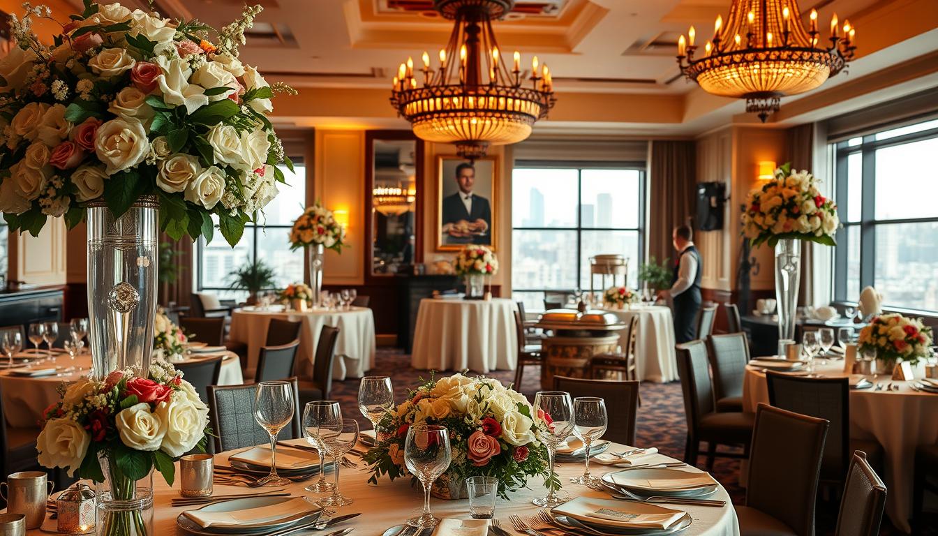 A sophisticated and elegant Harlem wedding venue, beautifully decorated with lush floral arrangements and warm lighting. In the foreground, a lavishly set table with fine china, crystal glassware, and an array of delectable catered dishes. The middle ground showcases a grand ballroom with ornate chandeliers and large windows offering city skyline views. The background features a stylishly dressed wait staff attending to the needs of the guests, creating an atmosphere of refined sophistication and attentive service.