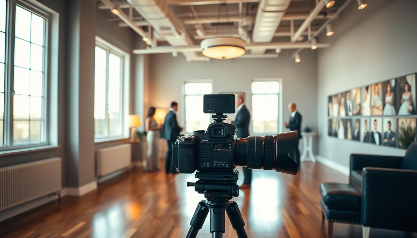A sophisticated, modern wedding photography studio with large windows, polished hardwood floors, and minimal, elegant decor. Soft, warm lighting from a mix of overhead fixtures and natural sunlight filters through the space, creating a serene, inviting atmosphere. In the foreground, a large camera with a high-quality lens sits on a tripod, ready to capture every special moment. Behind it, a team of skilled photographers in smart, professional attire converse and prepare their equipment. In the background, a display wall showcases a collection of breathtaking wedding portraits, hinting at the studio's exceptional talent and artistic vision.