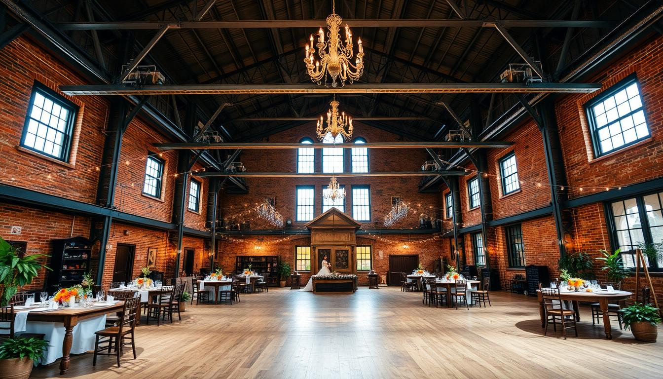 A sprawling industrial-style wedding venue, housed in a converted 19th-century factory. Exposed brick walls, steel beams, and soaring ceilings create a dramatic, yet elegant ambiance. Soft lighting from chandeliers and string lights casts a warm glow, while large windows allow natural light to stream in. The spacious dance floor is flanked by rustic wooden tables and vintage-inspired decor, setting the stage for a memorable celebration. Lush greenery and potted plants add a touch of nature, blending the industrial and organic elements seamlessly. The venue exudes an air of timeless sophistication, perfect for the couple seeking a unique and captivating setting for their wedding day.