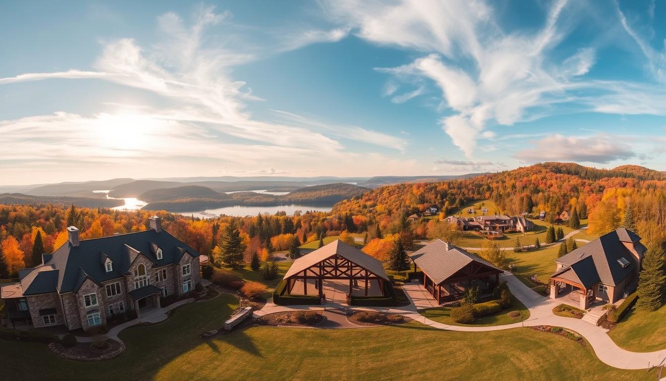 A sprawling panoramic view of picturesque all-inclusive wedding venues nestled amidst the rolling hills and lush forests of Upstate New York. In the foreground, a grand manor house with elegant stone facades and impeccably manicured gardens. In the middle ground, a lakeside pavilion with rustic wood beams and sweeping vistas. In the background, a series of charming boutique hotels and inns surrounded by the stunning natural beauty of the Adirondacks. Warm, golden sunlight filters through wispy clouds, creating a serene and romantic atmosphere. The scene is captured with a wide-angle lens to showcase the scope and grandeur of these premier Upstate New York wedding destinations.