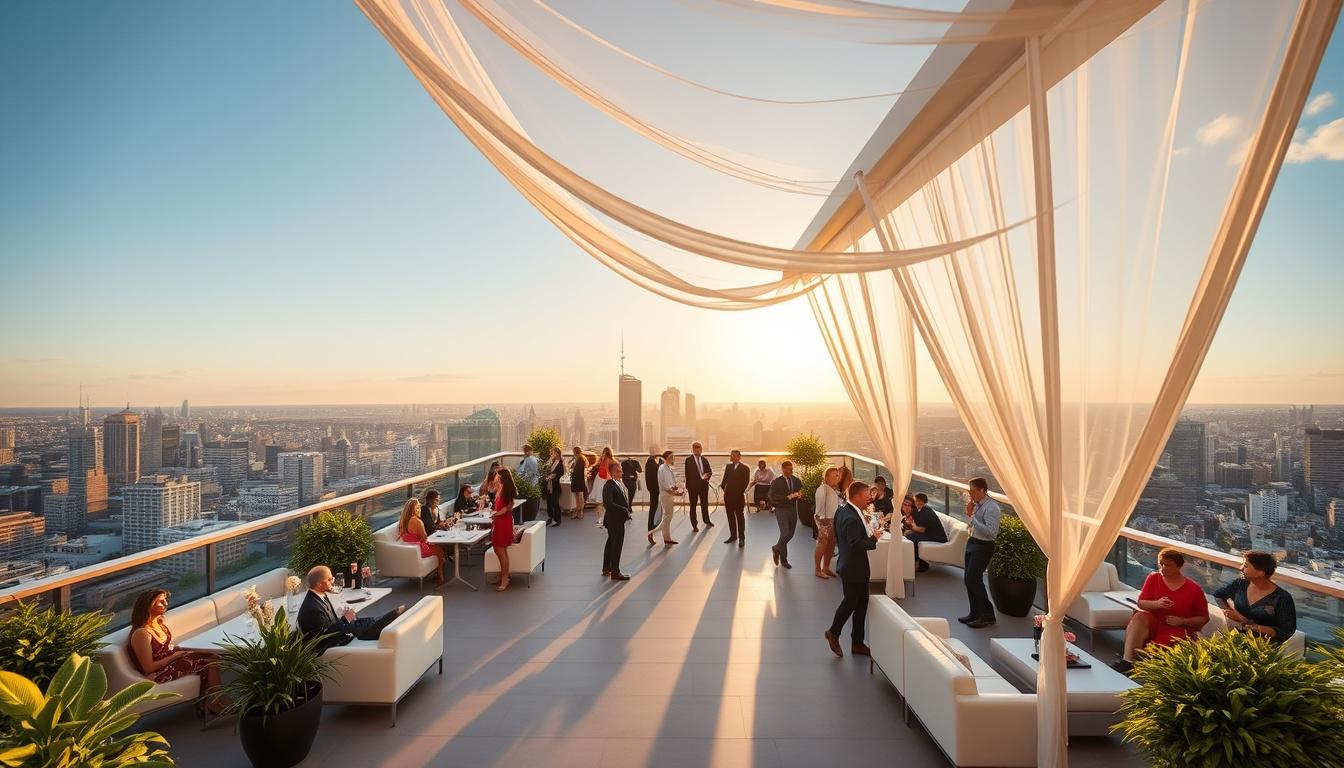 A sprawling, sun-drenched rooftop venue with stunning 360-degree views of a bustling city skyline. Sleek modern architecture frames the scene, with lush greenery and chic furnishings adorning the expansive outdoor terrace. Guests mingle amidst the ambiance, enjoying refreshing cocktails as the golden hour light bathes the setting in a warm, romantic glow. Elegant white drapery billows gently in the evening breeze, accentuating the airy, sophisticated atmosphere perfect for an unforgettable rooftop wedding celebration.