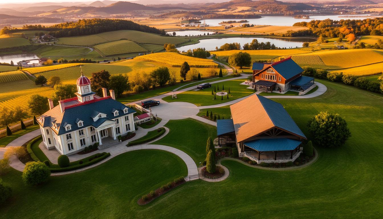 A stunning aerial view of picturesque wedding venues nestled among the rolling hills and serene lakes of the Finger Lakes region in upstate New York. The foreground showcases a grand, historic mansion with ornate architecture and meticulously manicured gardens, ideal for elegant receptions and ceremonies. In the middle ground, a charming barn conversion with rustic wooden beams and a wraparound porch overlooks a tranquil lake, providing a charming, countryside setting. The background features a variety of scenic backdrops, from lush vineyards to serene waterfront locations, all bathed in warm, golden lighting that creates a serene, romantic atmosphere. The entire scene conveys the natural beauty, historic charm, and diverse catering options available at the premier wedding venues of the Finger Lakes.