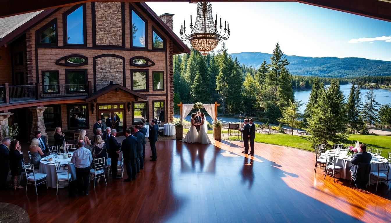 A stunning all-inclusive wedding venue nestled in the picturesque Adirondack mountains of Upstate New York. The grand stone and timber facade stands in front of a serene lake, surrounded by lush evergreen forests. Sunlight filters through the tall windows, illuminating the elegantly decorated ballroom where guests mingle. Chandeliers cast a warm glow, reflecting off the polished hardwood floors. In the distance, a sprawling lawn leads to a private dock overlooking the tranquil waters. Couples can exchange vows in an outdoor ceremony, followed by a lavish reception with gourmet catering and a full bar. This all-inclusive venue offers a truly unique and memorable wedding experience.