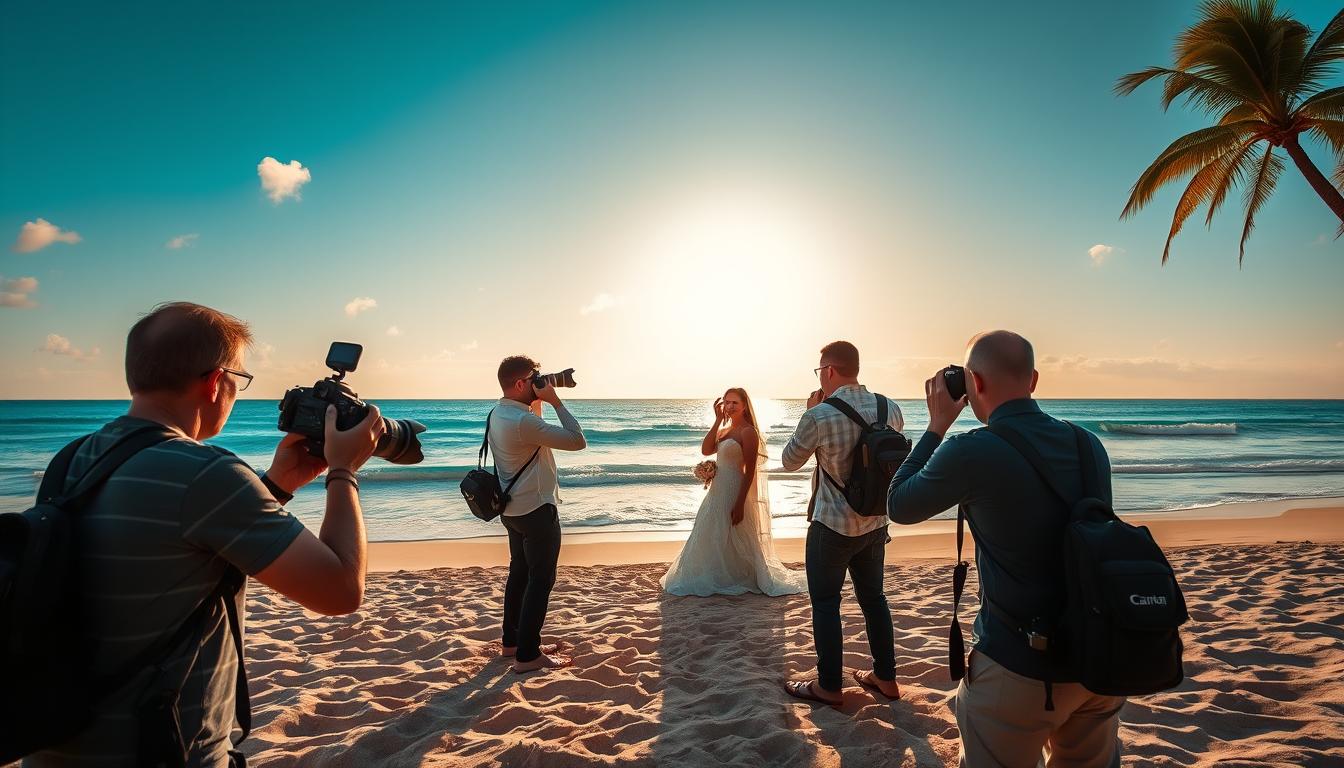 A stunning beach scene with a group of professional photographers capturing the beauty of a coastal wedding. In the foreground, three photographers wielding high-end DSLR cameras are positioned at different angles, their attention focused on the couple posing elegantly in the soft, golden light. In the middle ground, a lush, palm-fringed shoreline provides a picturesque backdrop, with the gentle waves of the azure ocean lapping at the pristine white sand. The background is dominated by a vibrant, cloudless sky, creating a sense of warmth and tranquility. The overall composition conveys the expertise and artistry of these top beach wedding photographers, perfectly suited to immortalize the joy and romance of a coastal celebration.