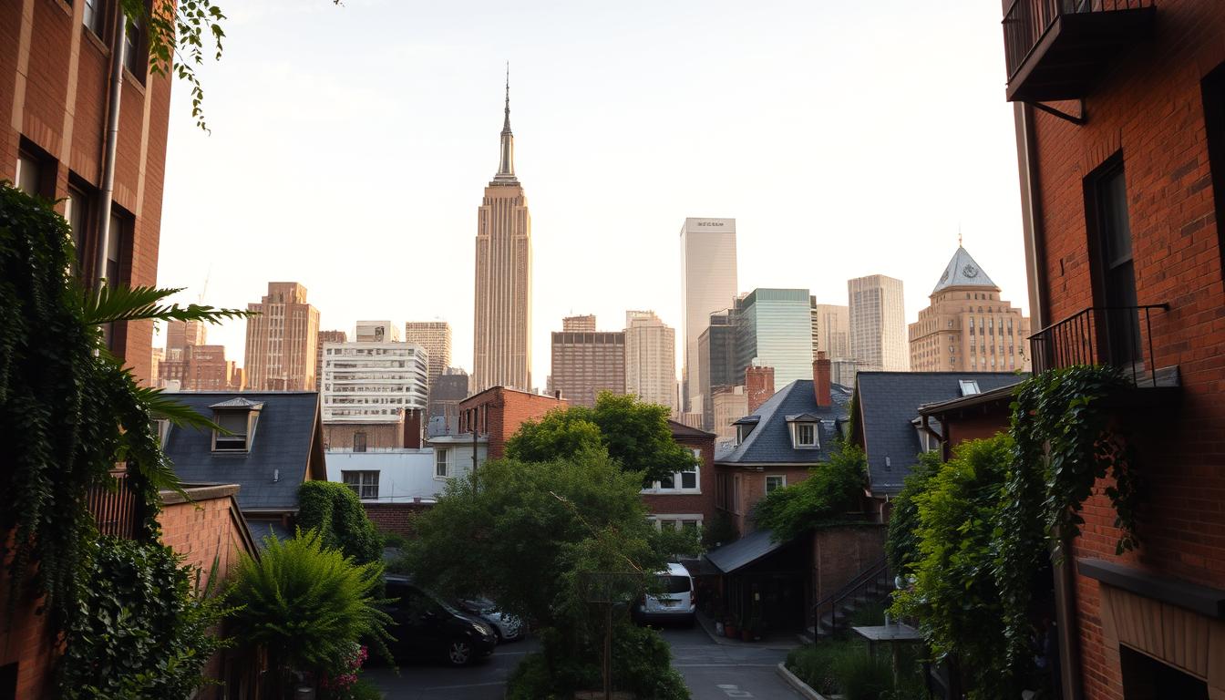 A stunning cityscape of New York City's iconic skyline, with the Empire State Building and other famous landmarks in the background. In the foreground, a charming alleyway or intimate plaza, filled with lush greenery, cobblestone paths, and quaint, historic buildings that evoke a sense of timeless romance. The lighting is soft and warm, casting a golden glow over the scene, creating a dreamy, cinematic atmosphere perfect for an elopement ceremony. The perspective is angled to showcase the interplay of the grand, towering skyscrapers and the more intimate, human-scale elements, giving the viewer a sense of the unique blend of grandeur and intimacy that defines the perfect NYC elopement location.