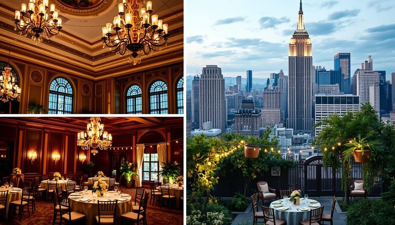 A stunning image of wedding venues in New York City, highlighting the unique BYOB (Bring Your Own Bottle) policy. The foreground features a grand, historic ballroom with ornate chandeliers and meticulously decorated tables, hinting at the elegant atmosphere. The middle ground showcases a charming, rustic-chic outdoor garden venue, with string lights and a cozy, relaxed vibe. The background panorama captures the iconic skyline of Manhattan, with the Empire State Building and other skyscrapers providing a dramatic backdrop. The lighting is soft and romantic, accentuating the warm, inviting ambiance. The overall composition conveys the perfect blend of glamour and flexibility that these BYOB wedding venues in New York offer.
