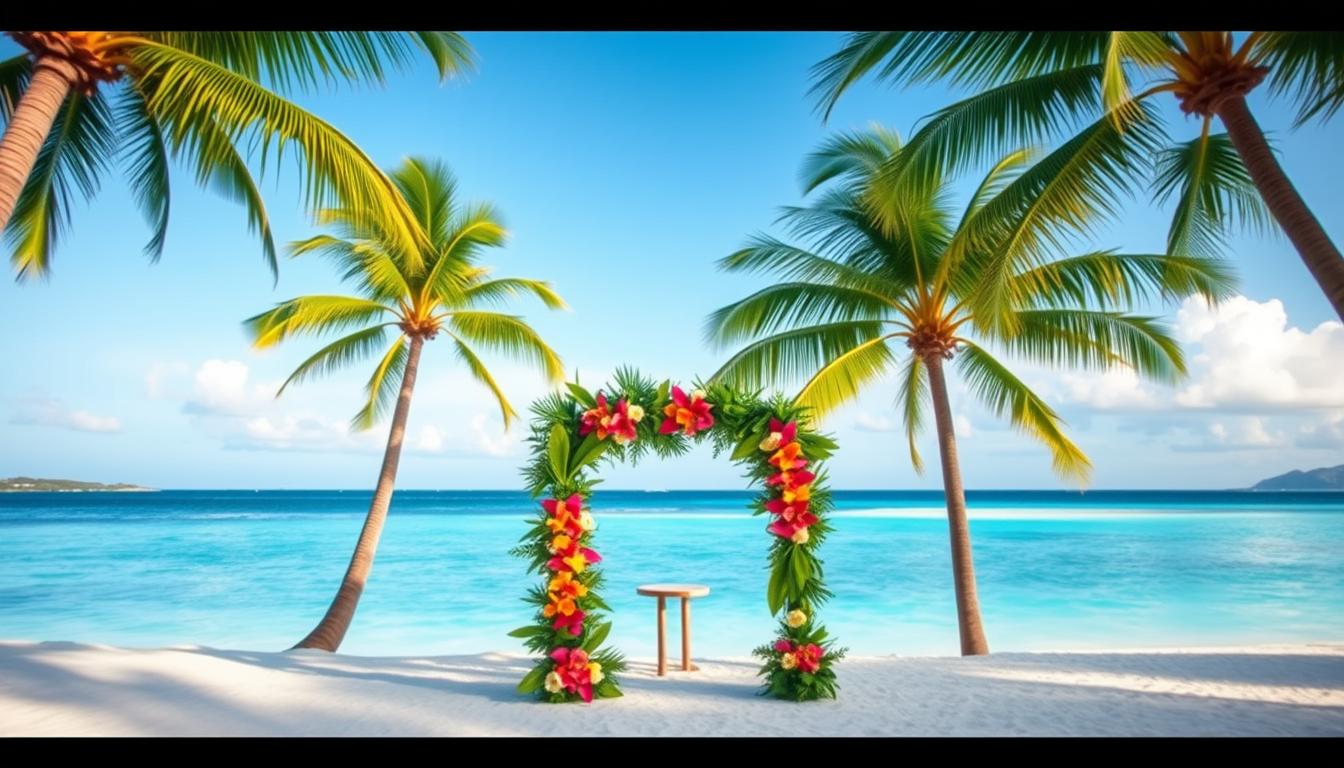A stunning tropical beach wedding venue, with swaying palm trees lining a pristine white sand beach. The clear azure sky is reflected in the calm, turquoise waters of the lagoon. In the foreground, a beautifully decorated arch made of lush greenery and vibrant tropical flowers stands as the focal point, inviting the couple to exchange their vows surrounded by the natural beauty of the setting. Soft, diffused lighting filters through the palms, creating a warm, romantic atmosphere. The whole scene is captured with a wide-angle lens, highlighting the expansive, picturesque backdrop that will make any tropical beach wedding truly unforgettable.