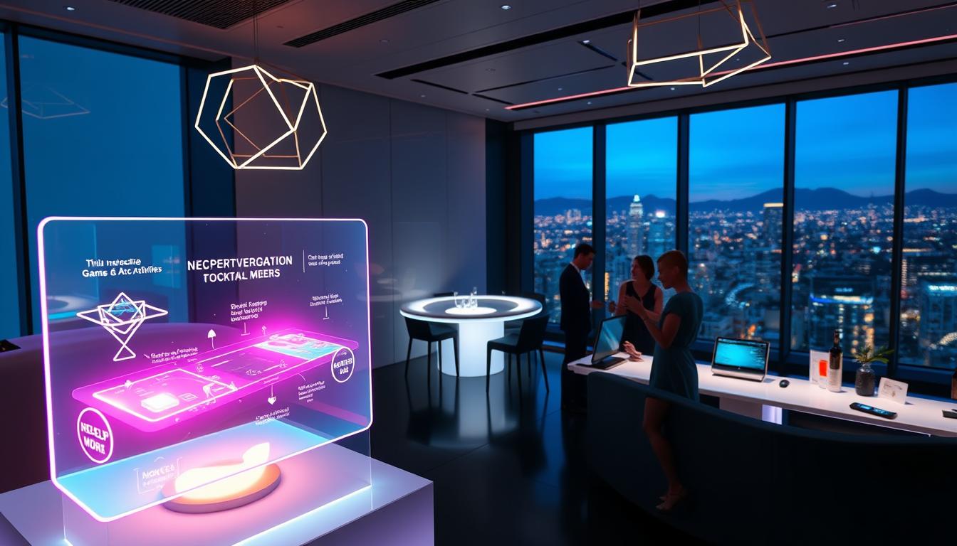 A stylish, modern digital engagement party scene with a sleek, minimalist aesthetic. In the foreground, a floating holographic display showcases interactive games and activities for guests, bathed in a warm, vibrant glow. The middle ground features a minimalist, chrome-accented bar area with smart devices and digital cocktail menus. The background is a sleek, high-tech venue with geometric lighting fixtures and a panoramic city skyline visible through floor-to-ceiling windows, creating a sophisticated, futuristic ambiance.