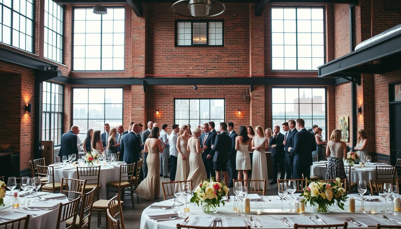 A stylish, modern wedding venue in the heart of Brooklyn, featuring an industrial-chic interior with exposed brick walls, high ceilings, and abundant natural light. In the foreground, a beautifully set dining table with elegant place settings and centerpieces of fresh flowers. Guests mingle in the middle ground, sipping craft cocktails and enjoying gourmet cuisine. In the background, glimpses of the city skyline through large windows, creating an atmosphere of urban sophistication. Warm, focused lighting casts a soft, romantic glow over the scene, capturing the unique, intimate ambiance of this one-of-a-kind wedding destination.