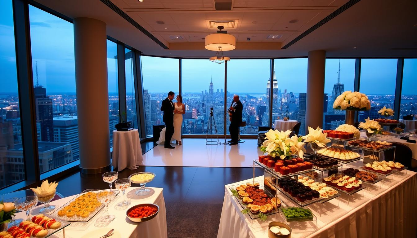 A stylish wedding reception hall in a modern high-rise building in downtown NYC, with panoramic views of the city skyline through floor-to-ceiling windows. In the foreground, a beautifully decorated wedding buffet table with an assortment of elegantly presented hors d'oeuvres and desserts. In the middle ground, a chic, minimalist dance floor with a few couples swaying to the music of a small jazz ensemble. The lighting is soft and warm, creating a romantic, intimate atmosphere. The overall scene conveys a sense of affordable luxury and sophistication.