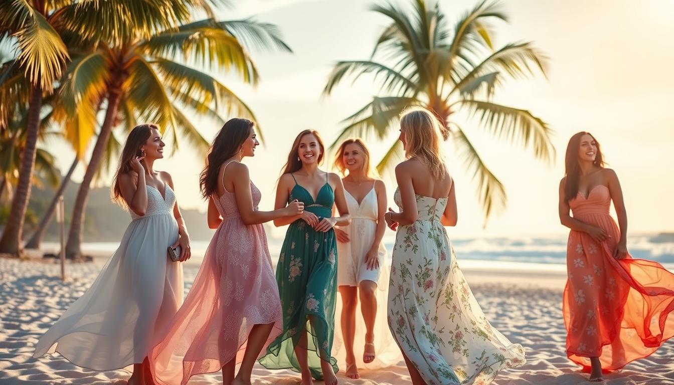 A sun-dappled beach with swaying palm trees in the background. In the foreground, a group of elegant women in flowing, colorful dresses, gathered for a coastal wedding celebration. The dresses feature delicate lace, floral patterns, and breezy silhouettes that accentuate the beachy atmosphere. Soft, diffused lighting casts a warm, romantic glow, creating a serene and inviting ambiance. The women stand in a relaxed, natural pose, engaging in lively conversation and enjoying the picturesque setting. The scene captures the top trends for chic and stylish beach wedding guest attire.