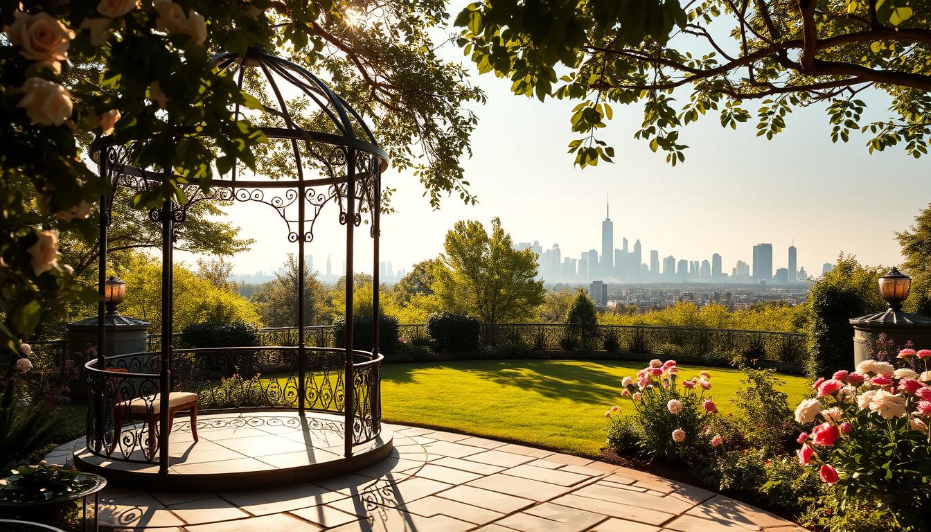 A sun-dappled outdoor oasis, a BYOB wedding venue in NYC, featuring an elegant stone patio surrounded by lush greenery and blooming flowers. In the foreground, a wrought-iron gazebo stands, its delicate arches casting soft shadows. The middle ground showcases a meticulously manicured lawn, perfect for cocktails and mingling. In the background, the city skyline peeks through, a testament to the venue's urban charm. The lighting is warm and ambient, creating a romantic, intimate atmosphere. Shot with a wide-angle lens to capture the full scope of the stunning outdoor space, this image embodies the unique appeal of BYOB wedding venues in New York City.