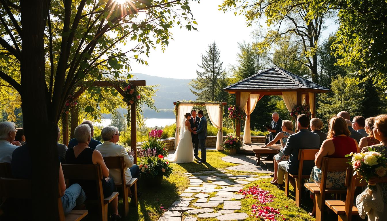 A sun-dappled outdoor wedding scene with a lush garden backdrop. In the foreground, a couple exchanging vows under a rustic wooden arch adorned with cascading flowers. Guests seated on wooden benches, admiring the tranquil, natural ambiance. Soft, warm lighting filters through the trees, casting a golden glow. In the middle ground, a stone path leads to a wooden gazebo draped in flowing fabrics. Vibrant floral arrangements and scattered petals add pops of color. In the distance, rolling hills and a serene lake complete the enchanting Catskills setting, inspiring a sense of timeless elegance.