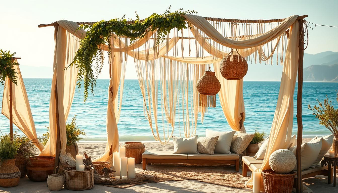 A sun-drenched beach scene, adorned with boho-chic decor. In the foreground, a lush macrame arch draped with flowing fabrics and cascading greenery. Scattered around it, woven baskets, driftwood, and candles flickering gently. In the middle ground, rustic wooden benches and mismatched pillows invite guests to lounge. The background features a tranquil azure ocean, with hazy mountains on the horizon, bathed in warm golden light. The overall mood is one of relaxed, effortless elegance - a dreamy, bohemian oasis.