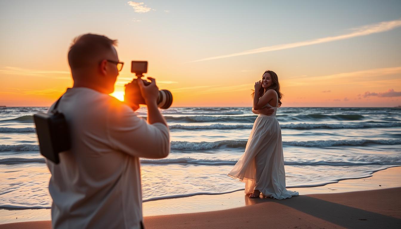 A sun-drenched beach setting, with a photographer capturing a couple's joyful embrace against the backdrop of gently lapping waves and a vibrant sunset sky. The photographer, equipped with a professional DSLR camera and a telephoto lens, stands poised, framing the couple in a candid, artful composition that highlights the natural beauty of the coastal environment. Soft, warm lighting bathes the scene, creating a romantic, ethereal atmosphere that perfectly encapsulates the magic of a beach wedding celebration. The couple, dressed in formal attire, exude a sense of genuine connection and happiness, their expressions and body language conveying the emotion of the moment. This image beautifully illustrates the unique skills and vision required to document a beach wedding, blending technical expertise with an artistic eye for capturing the essence of a coastal celebration.