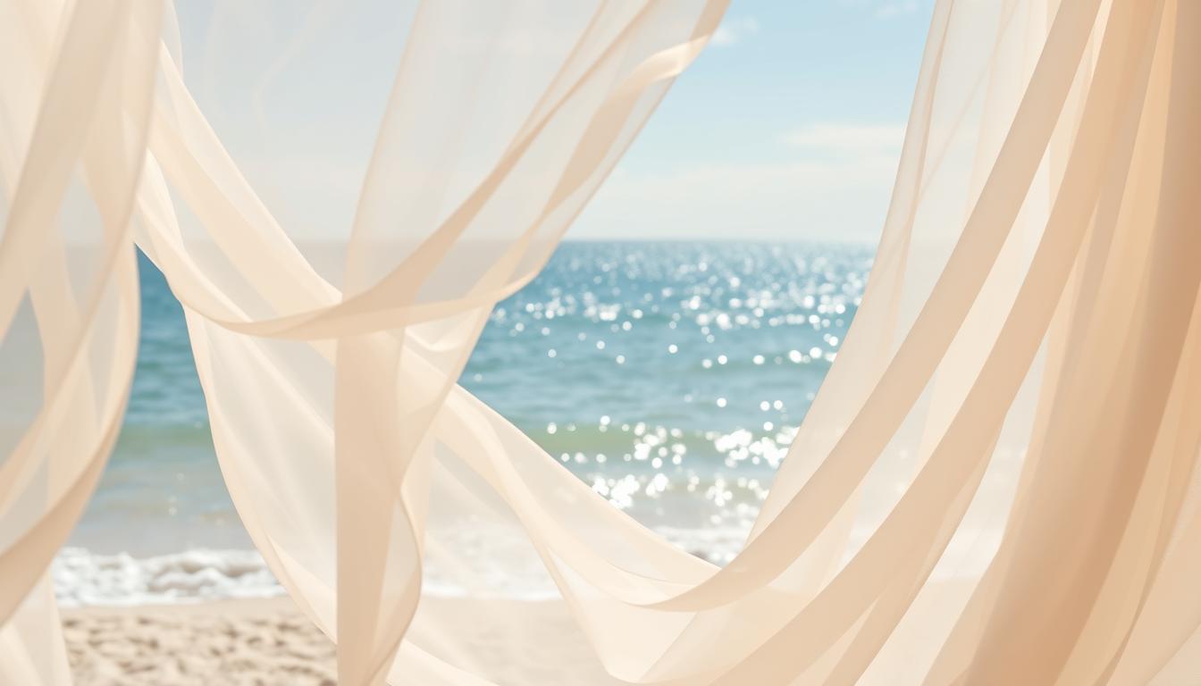 A sun-drenched beach, the waves gently lapping at the shore. In the foreground, a collection of delicate, flowing fabrics in soft, natural hues - ivory, ecru, and shimmering satin. Wispy chiffon cascades elegantly, its gossamer texture caressed by the ocean breeze. Smooth, lustrous charmeuse shimmers, its fluid drape hinting at the graceful silhouettes of beach-inspired wedding gowns. In the middle ground, sheer, airy organza dances, its ethereal quality embodying the essence of a seaside celebration. The background is a panoramic vista of azure skies and the vast, sparkling expanse of the ocean, creating a serene, dreamy atmosphere. Warm, natural lighting filters through, casting a soft, romantic glow over the scene.