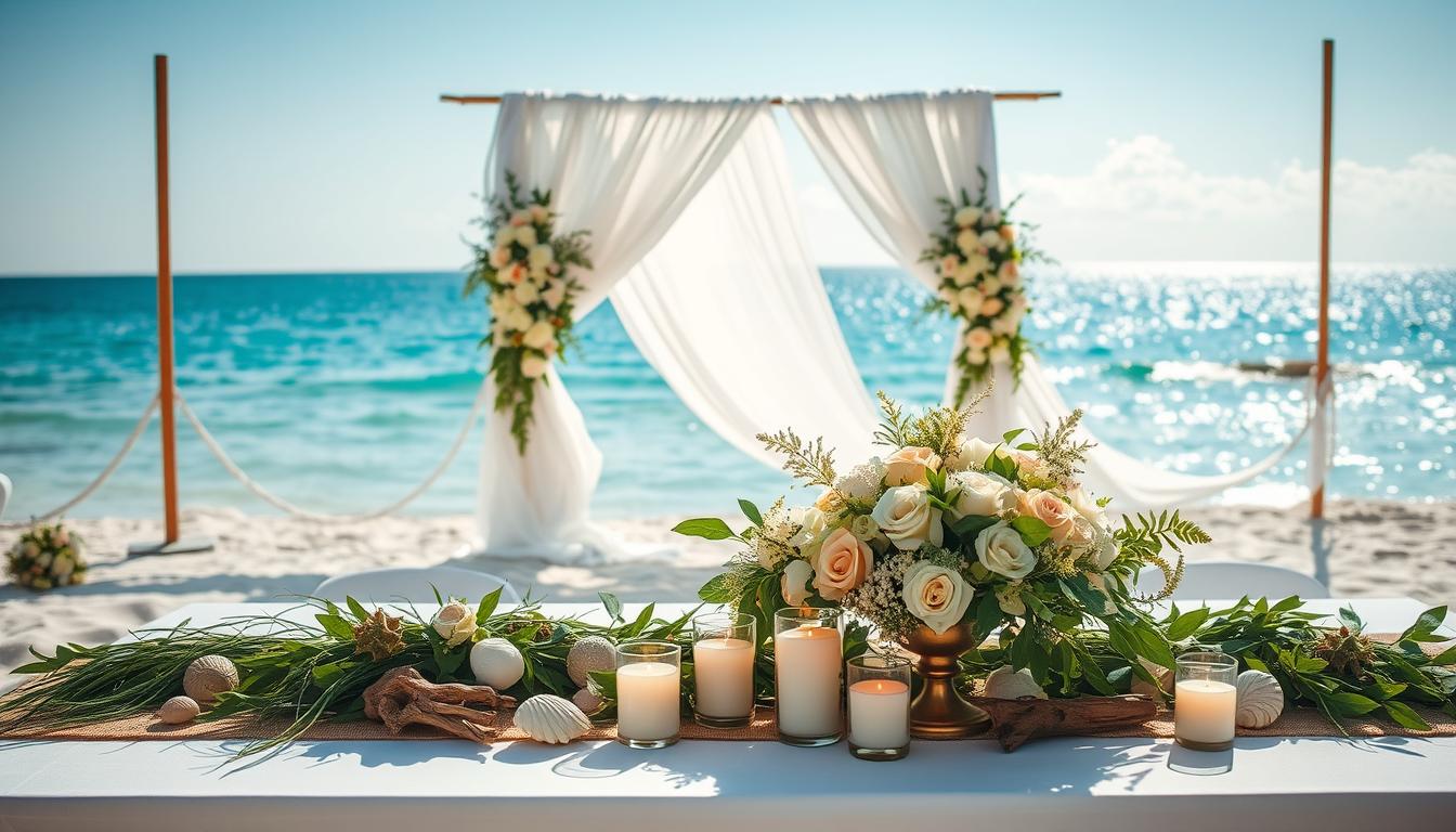 A sun-drenched beachside wedding scene, with an elegant tablescape adorned with lush greenery, seashells, and soft, pastel-colored floral arrangements. The foreground features delicate seagrass runners, driftwood accents, and a cluster of votive candles casting a warm, romantic glow. The middle ground showcases a backdrop of billowing white fabric panels, gently swaying in the coastal breeze, creating a serene, ethereal atmosphere. In the distance, the shimmering azure ocean and a cloudless sky set the idyllic, picturesque scene for this enchanting beach wedding celebration.