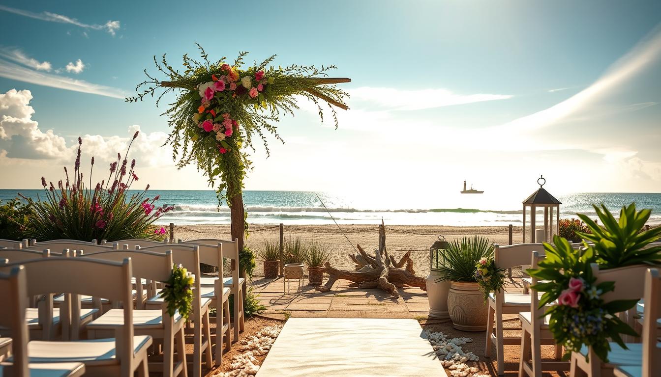 A sun-drenched oceanfront wedding scene on Long Island, New York. In the foreground, a rustic wooden arch adorned with cascading greenery and vibrant wildflowers frames the ceremony area. Elegant white chairs line the aisle, leading towards the glistening waters of the Atlantic in the distance. Soft, natural lighting filters through wispy clouds, casting a warm, romantic glow over the setup. In the middle ground, driftwood and seashell accents add a touch of coastal elegance, while lush potted plants and candle-lit lanterns create a cozy, intimate ambiance. The background features a panoramic view of the pristine sandy beach and crashing waves, with a picturesque lighthouse silhouetted against the horizon.