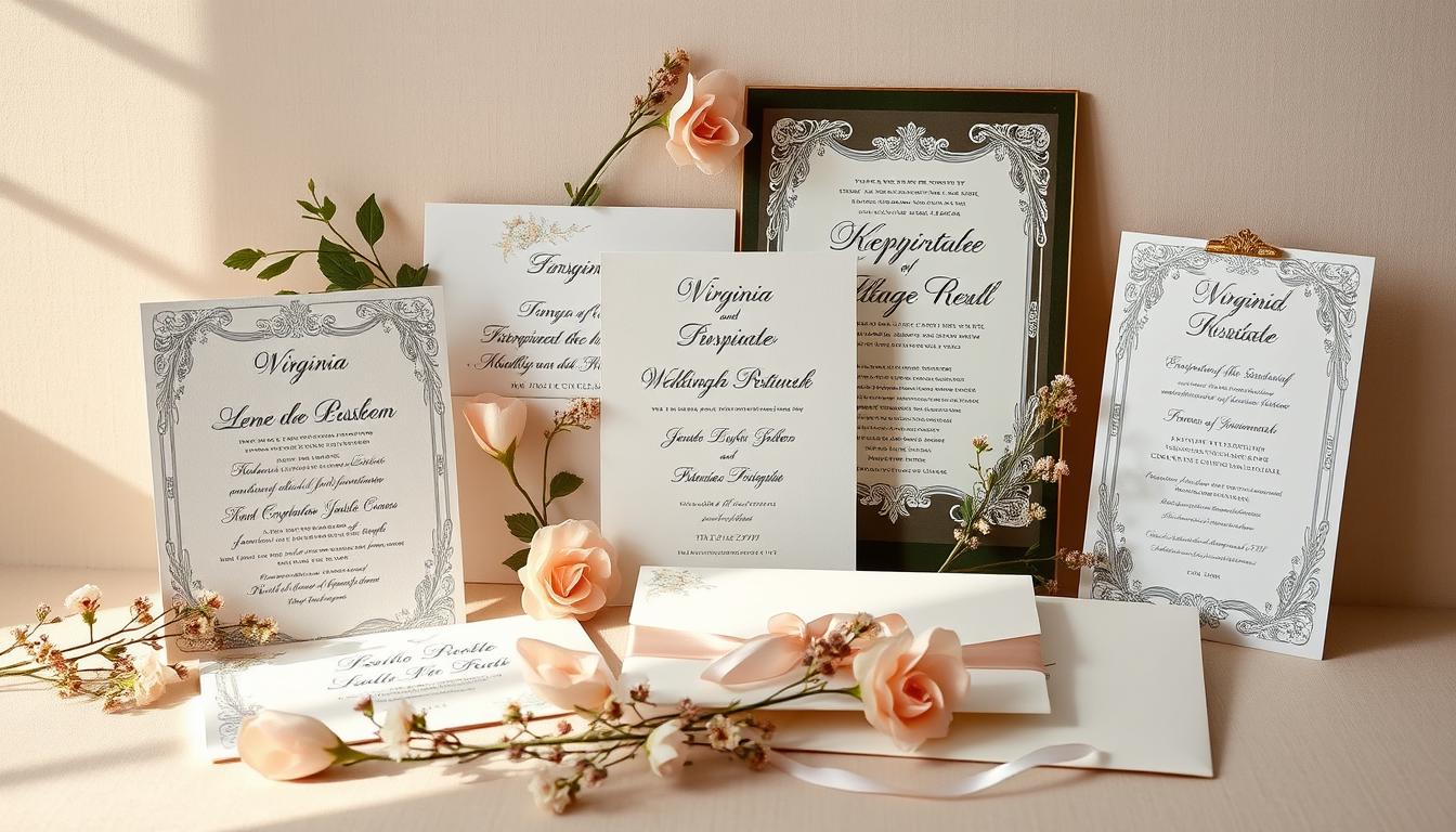 A tasteful arrangement of exquisite wedding invitations, meticulously crafted with elegant calligraphy, luxurious materials, and delicate floral accents. The invitations are displayed against a soft, muted background, capturing the essence of Virginia's timeless charm. Warm, natural lighting casts a subtle glow, highlighting the intricate details and the refined, sophisticated aesthetic. The composition subtly conveys the pricing considerations and investment associated with curating a memorable wedding experience in the Commonwealth.