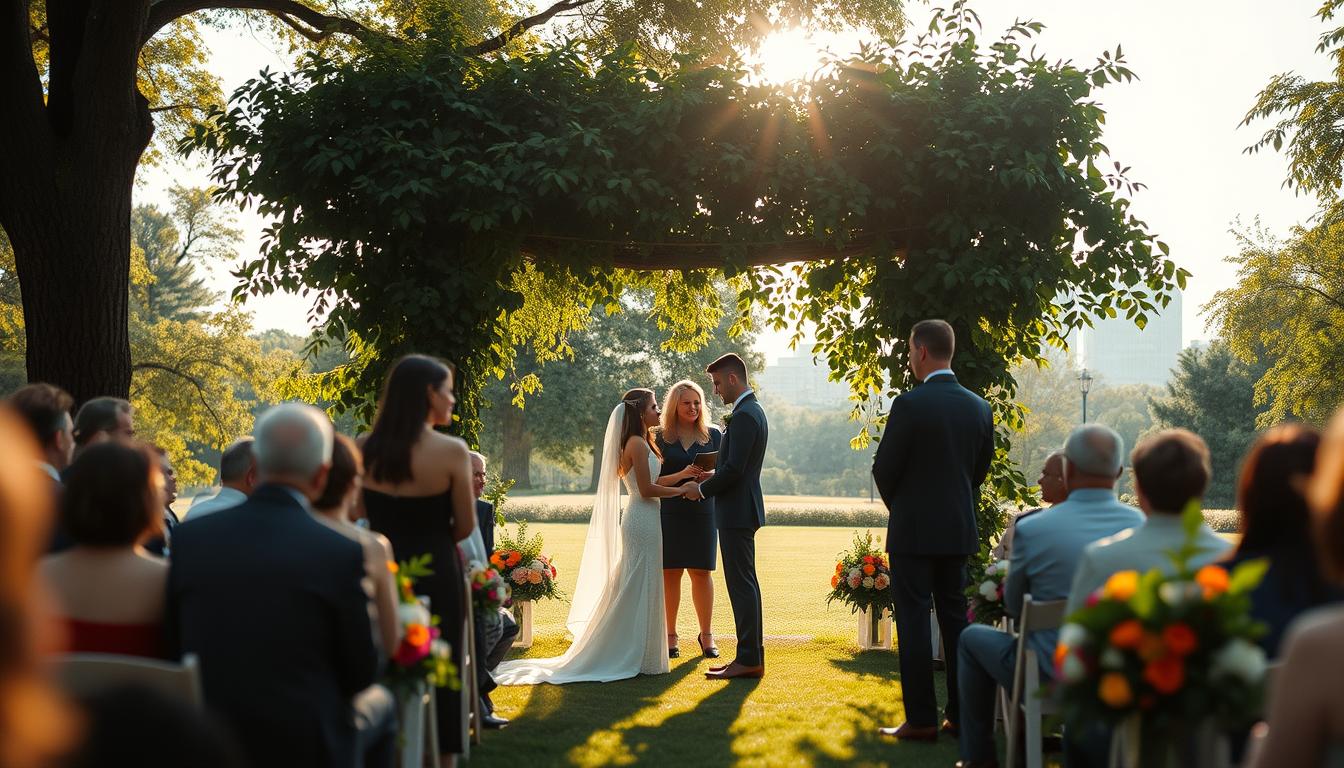 A tranquil outdoor wedding scene in the heart of Queens, New York. The couple exchange vows under a lush, verdant arch, surrounded by their loved ones in a serene garden setting. Soft, diffused natural light filters through the trees, casting a warm, romantic glow on the ceremony. The photographer, using a medium format camera with a shallow depth of field, captures the intimate moment, framing the newlyweds in a beautiful, dreamlike composition. In the background, a manicured lawn and vibrant floral arrangements create a picturesque backdrop, while the city skyline gently fades into the distance, a subtle reminder of the urban setting. An idyllic, timeless portrait of a Queens outdoor wedding.