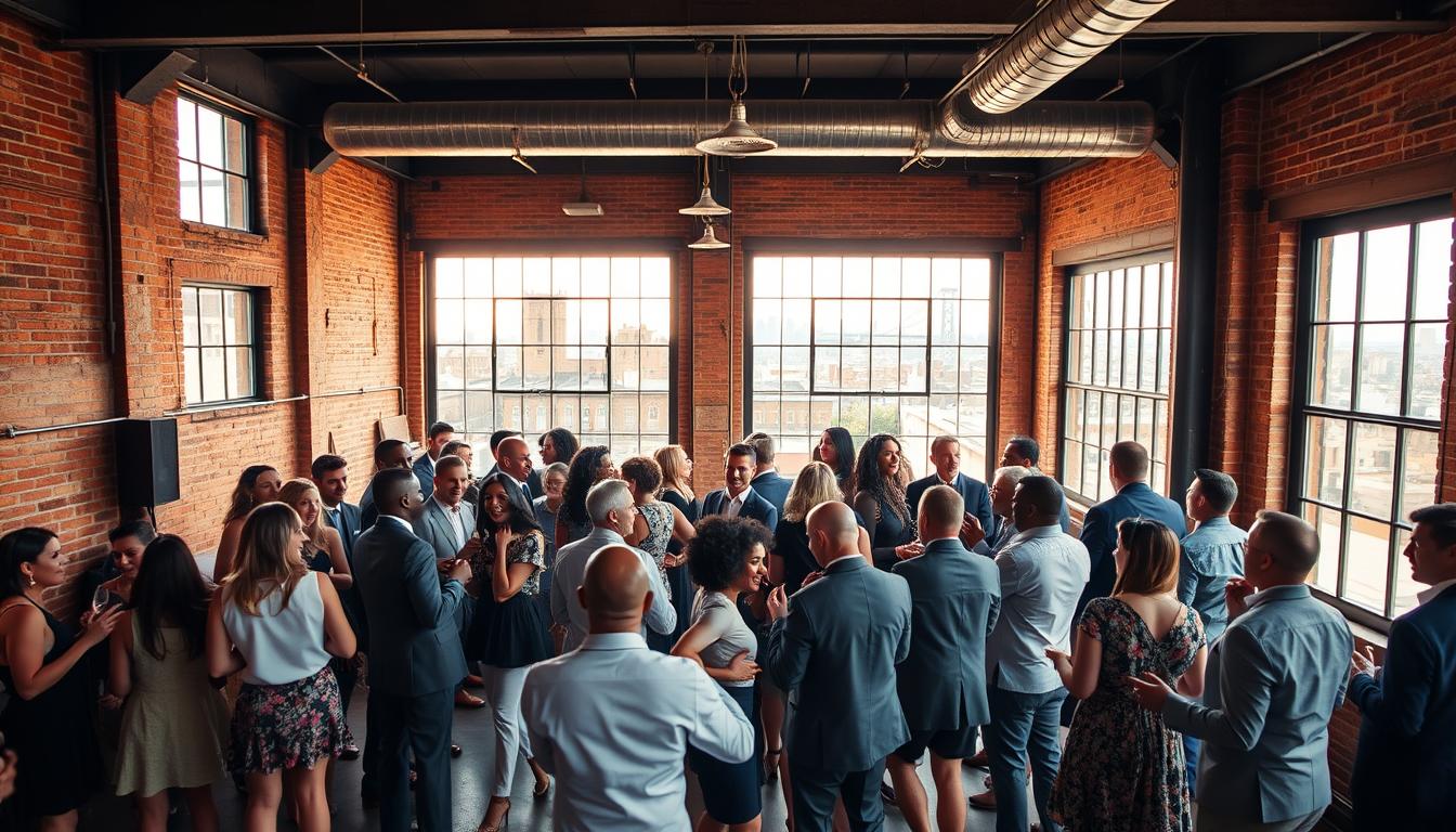 A unique and vibrant wedding venue in Harlem, New York City. The foreground features an industrial-chic loft space with exposed brick walls, high ceilings, and large windows that flood the interior with warm, natural light. In the middle ground, a group of stylishly dressed guests mingles and celebrates, their laughter and joy palpable. The background showcases the iconic Harlem skyline, with the distinctive architecture of historic brownstones and the distant silhouette of the George Washington Bridge. The overall mood is one of urban sophistication, cultural richness, and a celebration of the unconventional. Captured with a wide-angle lens to emphasize the scale and grandeur of the venue.