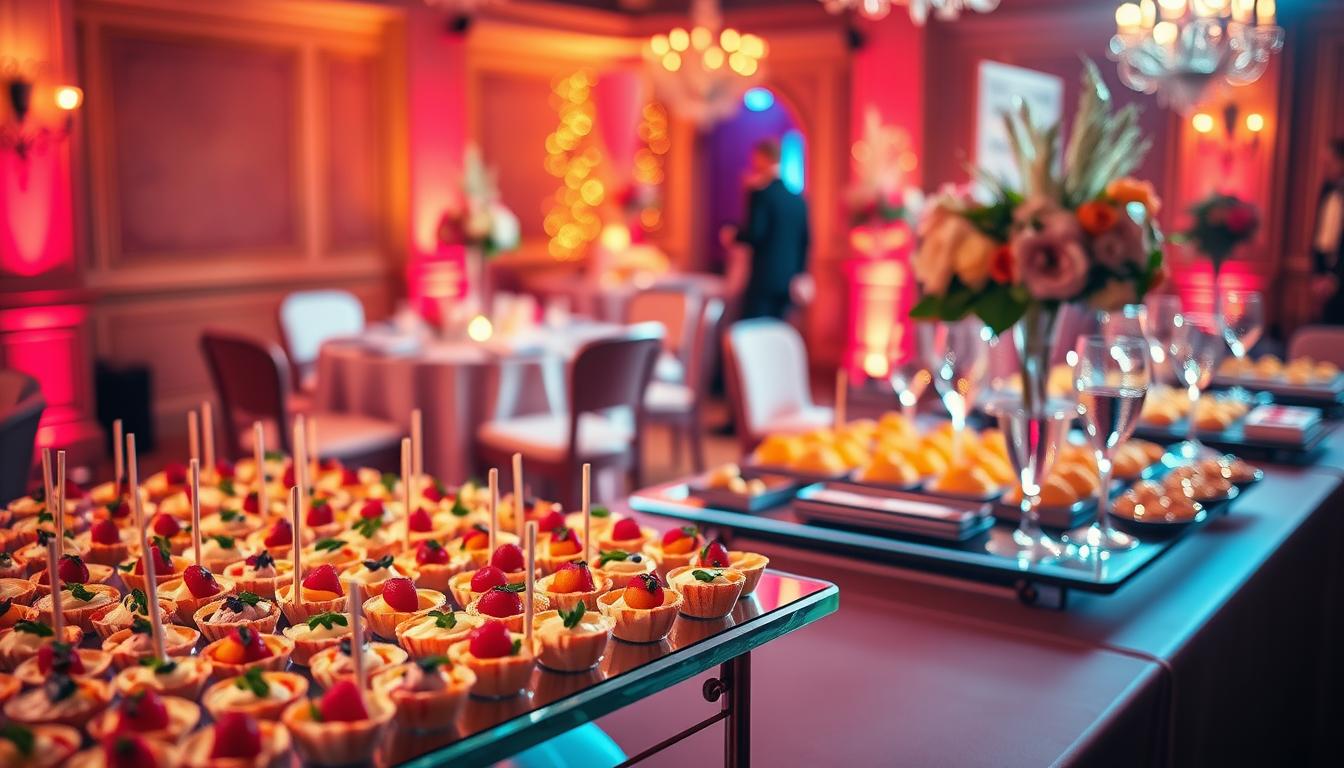 A vibrant and elegantly styled engagement party catering setup, captured in a warm, soft-focus ambiance. In the foreground, an artfully arranged display of delectable hors d'oeuvres and bite-sized delicacies, their colors and textures tantalizing the senses. In the middle ground, beautifully decorated tables adorned with floral centerpieces and shimmering glassware, creating an inviting and celebratory atmosphere. The background features a warm, golden-hued lighting, casting a gentle glow over the scene and evoking a sense of intimacy and refinement. The overall composition conveys a harmonious blend of sophistication, attention to detail, and the joy of an engagement party celebration.