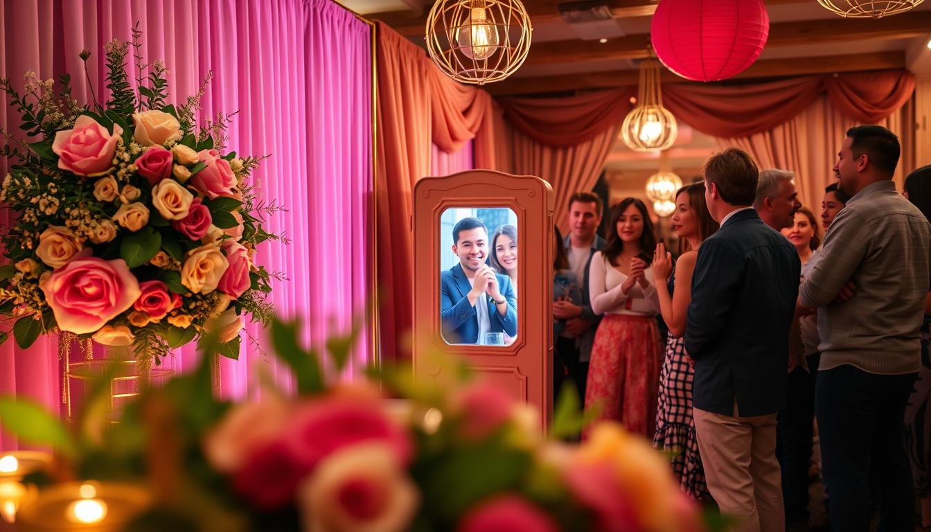 A vibrant and joyful engagement party photo booth scene, with a soft, warm lighting illuminating the frame. In the foreground, a beautifully decorated backdrop featuring a lush floral arrangement and elegant metallic accents creates a captivating setting. Positioned in the middle ground, a vintage-inspired photo booth with a classic, retro aesthetic invites guests to capture their celebratory moments. The background showcases a cozy, intimate gathering space, with friends and family gathered around, their expressions of love and happiness filling the frame. The overall atmosphere is one of celebration, intimacy, and the cherished memories of an unforgettable engagement party.