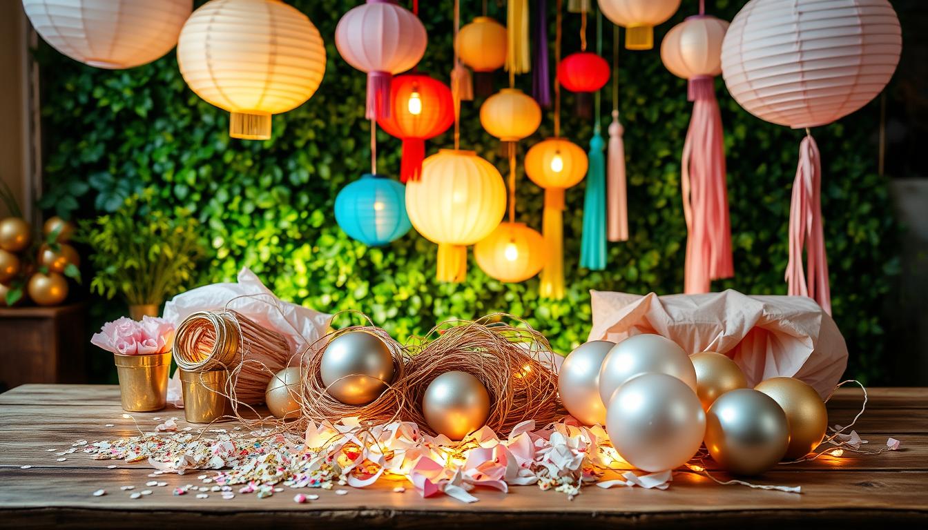 A vibrant display of DIY engagement party decor supplies, artfully arranged on a rustic wooden table. In the foreground, an assortment of decorative string lights, confetti, and metallic balloons in soft pastel hues. In the middle ground, a collection of colorful paper lanterns, tassels, and streamers, casting a warm, whimsical glow. In the background, a backdrop of lush greenery, creating a natural, garden-inspired setting. The lighting is soft and diffused, highlighting the textures and vibrant colors of the materials. The overall mood is one of celebration, creativity, and a touch of romantic elegance.