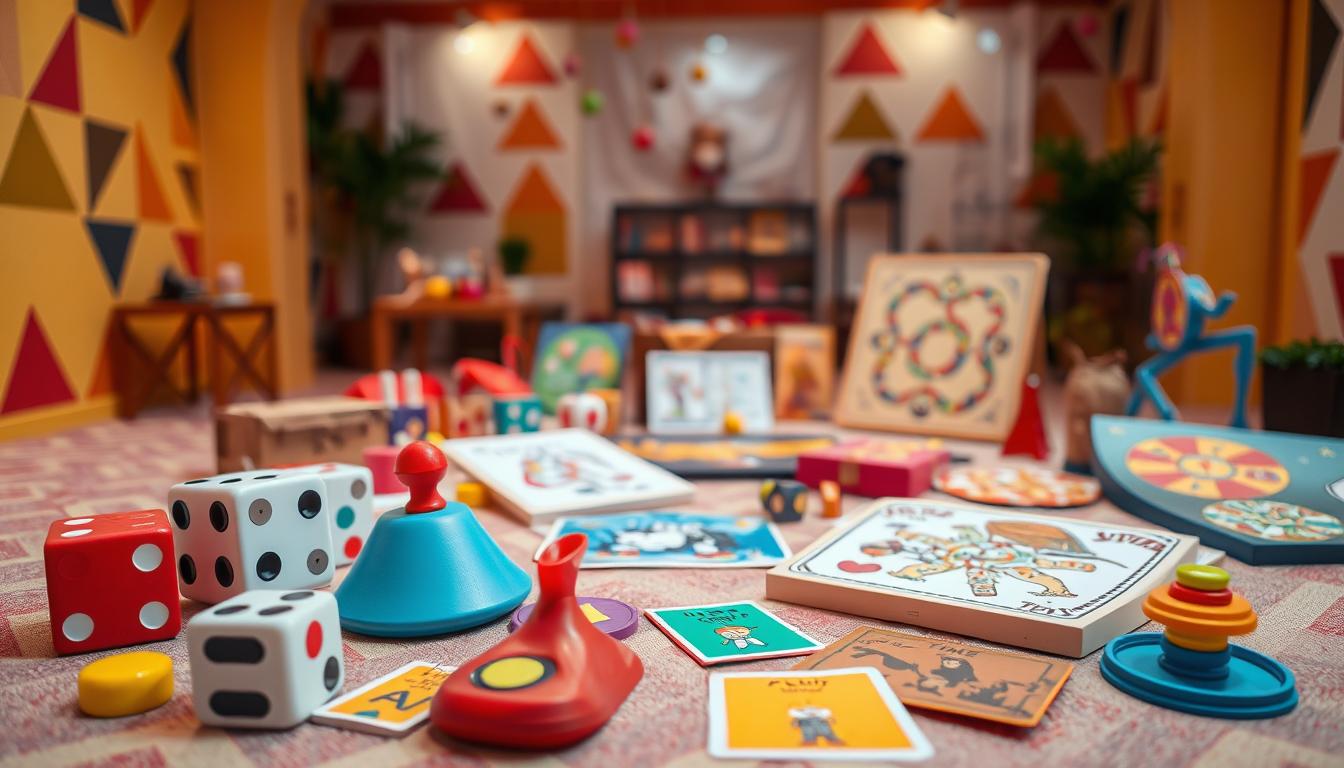 A vibrant, interactive party game display showcasing a variety of unique and engaging activities. In the foreground, several playful, tactile game pieces such as oversized dice, spinning tops, and brightly colored cards are arranged in an inviting composition. The middle ground features a selection of quirky, handmade game boards and puzzles with intricate, whimsical designs. In the background, a warm, softly lit environment with playful, geometric patterns on the walls and floor sets a lively, welcoming atmosphere. Soft, diffused lighting creates a cozy, intimate mood, drawing the viewer's attention to the creative, one-of-a-kind party game ideas on display.
