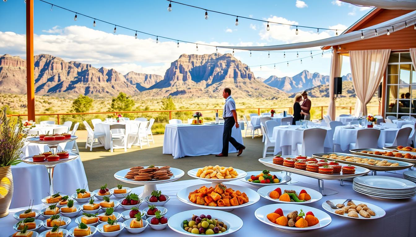 A vibrant, sun-drenched scene of a Utah wedding catering setup. In the foreground, an elegant display of gourmet hors d'oeuvres and entrees, featuring locally-sourced ingredients and mouthwatering presentations. In the middle ground, crisp white tablecloths and fine china set the stage for an intimate, sophisticated affair. Towering mountains and azure skies form the breathtaking backdrop, evoking the natural beauty of the Utah landscape. Soft, warm lighting casts a romantic glow, while a team of attentive servers moves gracefully through the scene. The overall atmosphere is one of effortless elegance, perfectly suited for a memorable Utah wedding celebration.