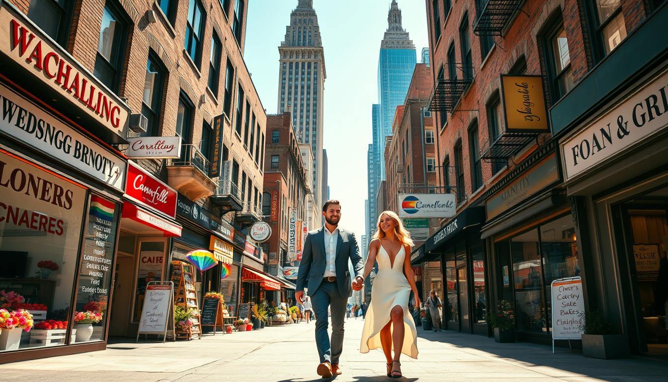 A vibrant, sun-drenched scene of a same-sex couple strolling through a bustling New York City street, hand-in-hand, surrounded by a diverse array of wedding vendors. In the foreground, the couple is dressed in chic, modern attire, exuding joy and love. In the middle ground, a variety of storefronts line the street, showcasing diverse businesses catering to the LGBTQ+ community - florists, caterers, bakers, event planners, and more. The background features the iconic architecture of New York City, with towering skyscrapers and the hum of city life. The lighting is warm and inviting, creating a sense of celebration and acceptance.