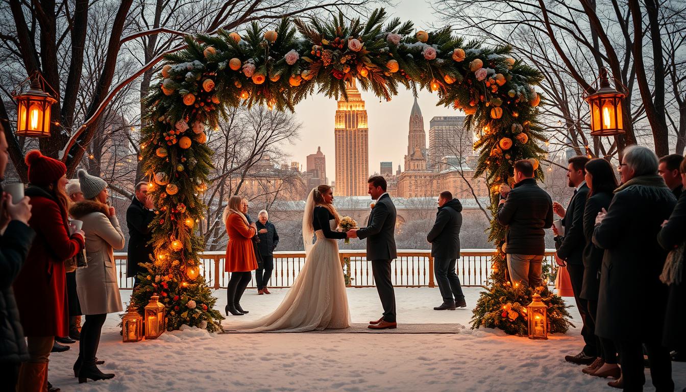 A vibrant winter wedding scene in New York City, capturing the essence of seasonal trends. In the foreground, a beautifully decorated wedding arch adorned with lush evergreens, twinkling fairy lights, and a touch of holiday-inspired floral arrangements. Couples dressed in elegant winter attire stand before the arch, exchanging vows against the backdrop of a snow-dusted Central Park. In the middle ground, guests mingle, sipping hot cocoa and admiring the icy wonderland. In the distance, the iconic skyline of New York City shimmers under a soft, golden glow, creating a magical, cinematic atmosphere. Warm, cozy lighting casts a romantic ambiance, highlighting the couple's joy and the cultural celebration of this special occasion.