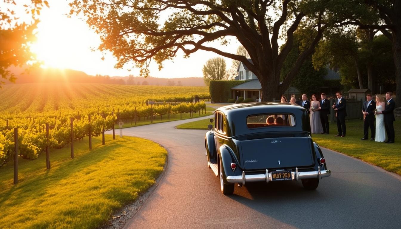 A vintage limousine glides along a winding, tree-lined road, approaching a sprawling Long Island vineyard. The sun casts a warm, golden glow over the lush, verdant vines and the picturesque, ivy-covered winery in the distance. Guests in formal attire eagerly await the arrival, anticipating an enchanting vineyard wedding celebration. The scene evokes a sense of timeless elegance and rustic charm, perfectly capturing the essence of a Long Island vineyard wedding.