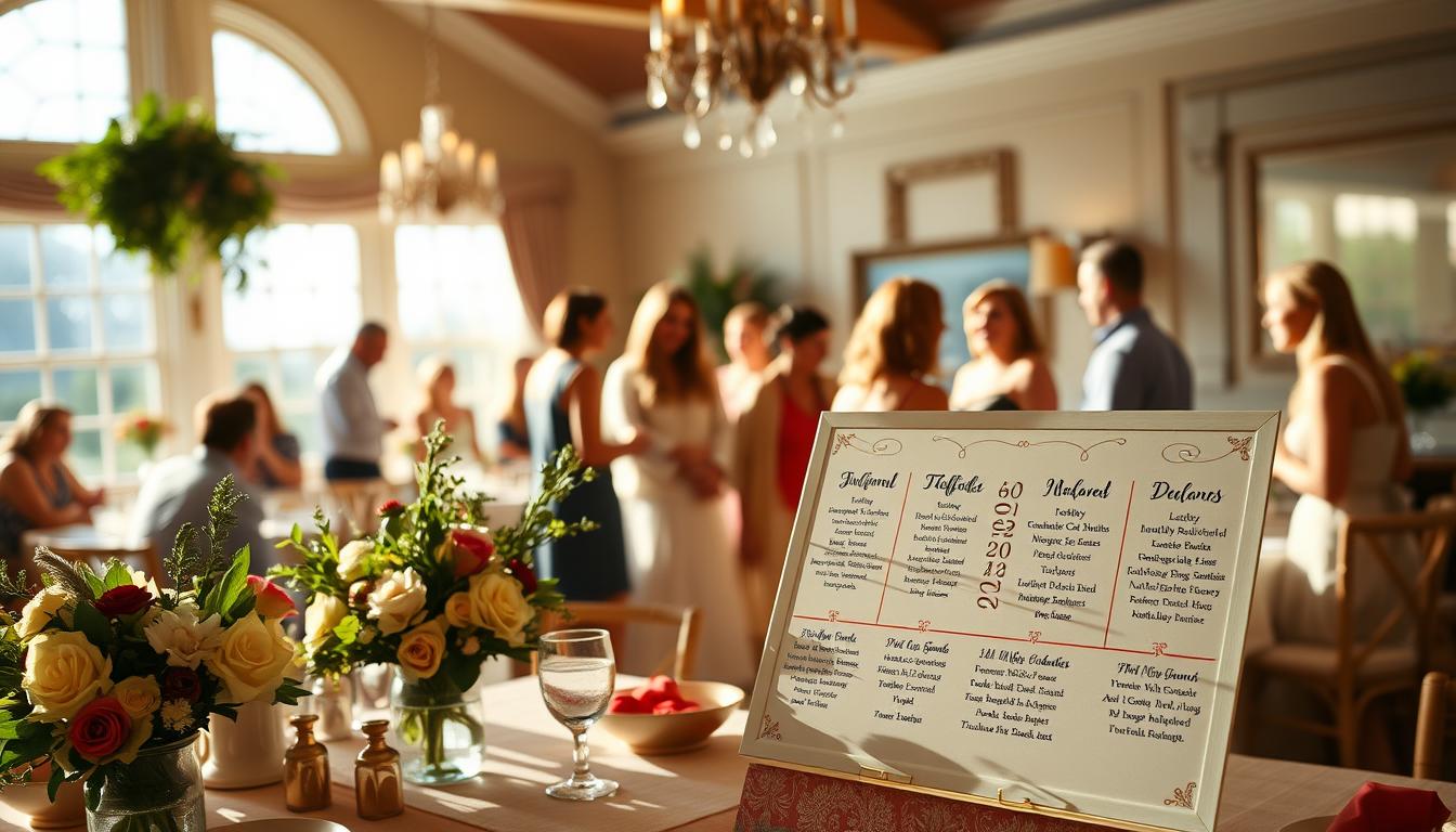 A warm, sunlit engagement party timeline, filled with elegant details and vibrant colors. In the foreground, a meticulously arranged tabletop with delicate floral arrangements, vintage-inspired tableware, and a beautifully calligraphed timeline of the key moments leading up to the big day. The middle ground showcases a group of friends and family gathered around, engaged in lively conversation and laughter, their faces aglow with happiness. In the background, a softly blurred scene of a beautifully appointed event space, with natural light streaming in through large windows, casting a gentle glow over the entire scene.