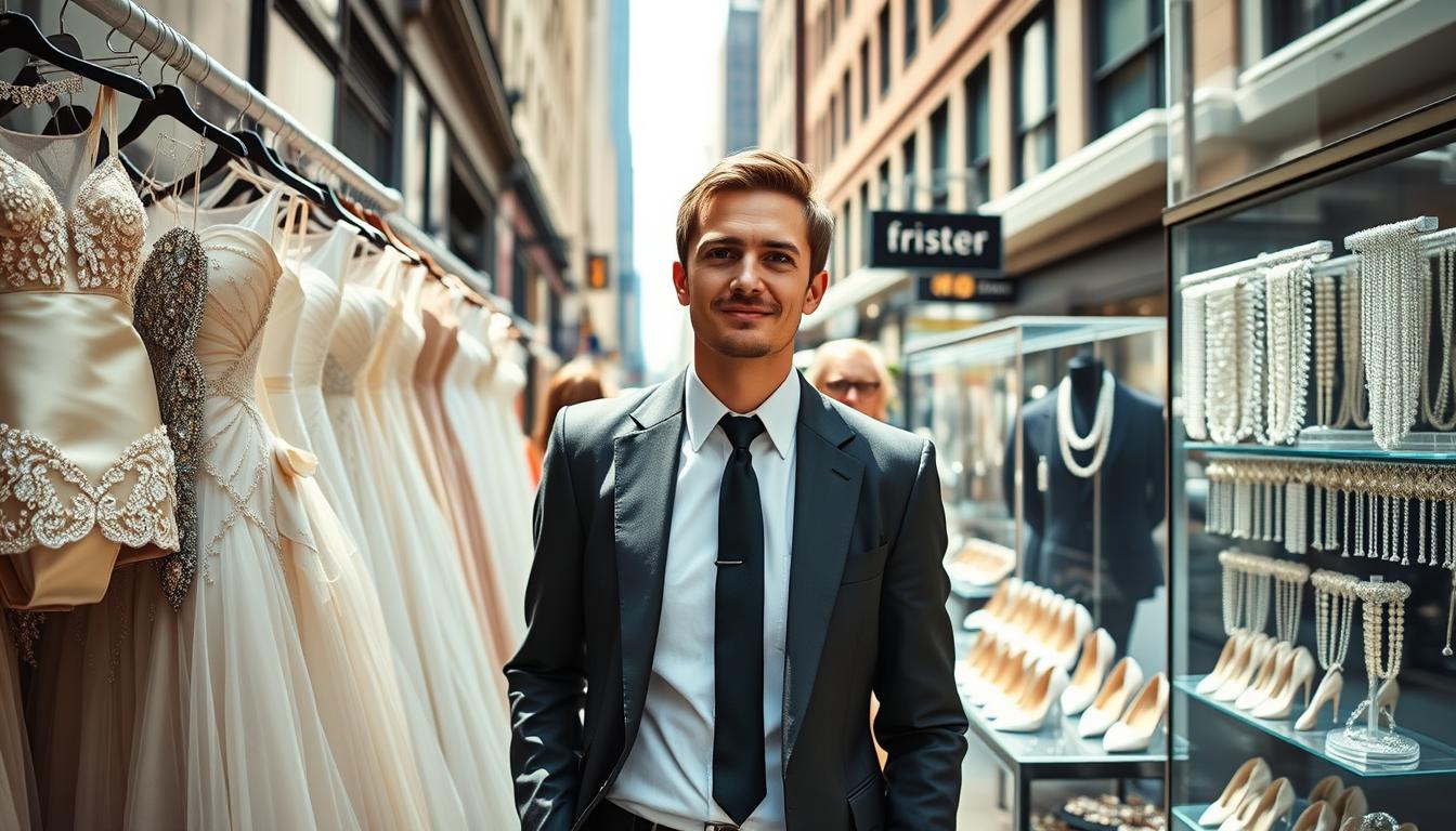 A well-dressed wedding guest stands in a bustling New York City street, surrounded by the hidden costs of NYC wedding attire - a rack of overpriced designer gowns, rows of sky-high bridal heels, and glittering jewelry displays. Soft natural lighting filters through the scene, illuminating the intricate details of the accessories. The guest's expression conveys a mix of excitement and apprehension, hinting at the financial burden of looking the part for a big city wedding. The urban backdrop adds a sense of energy and contrast, emphasizing the disconnect between the glamour of the attire and the practical realities of affording it in this expensive metropolis.