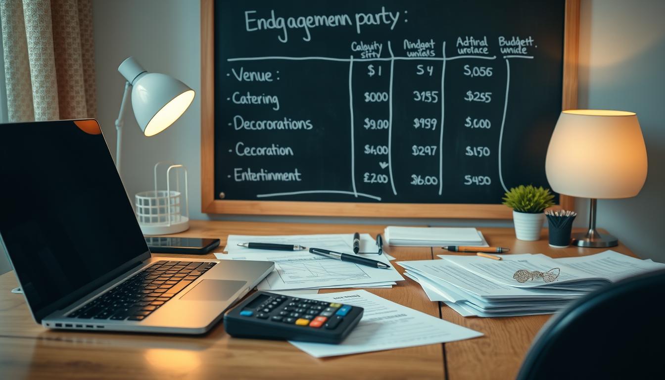 A well-lit, high-resolution image of a stylish home office desk, showcasing a laptop, calculator, and neatly organized financial documents. In the background, a chalkboard displays a budget breakdown for an engagement party, with categories like "Venue," "Catering," "Decorations," and "Entertainment." The overall atmosphere is one of calm, focused efficiency, conveying the importance of careful budgeting for a memorable engagement celebration.